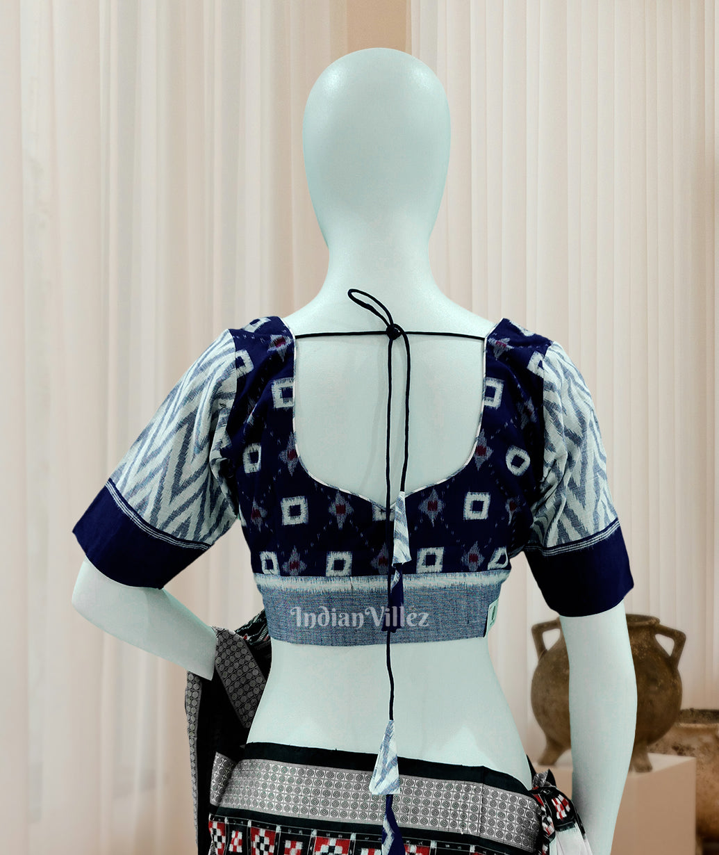 IndianVillèz White Blue Pasapali Theme Odisha Ikat Sambalpuri Cotton Blouse - view 2