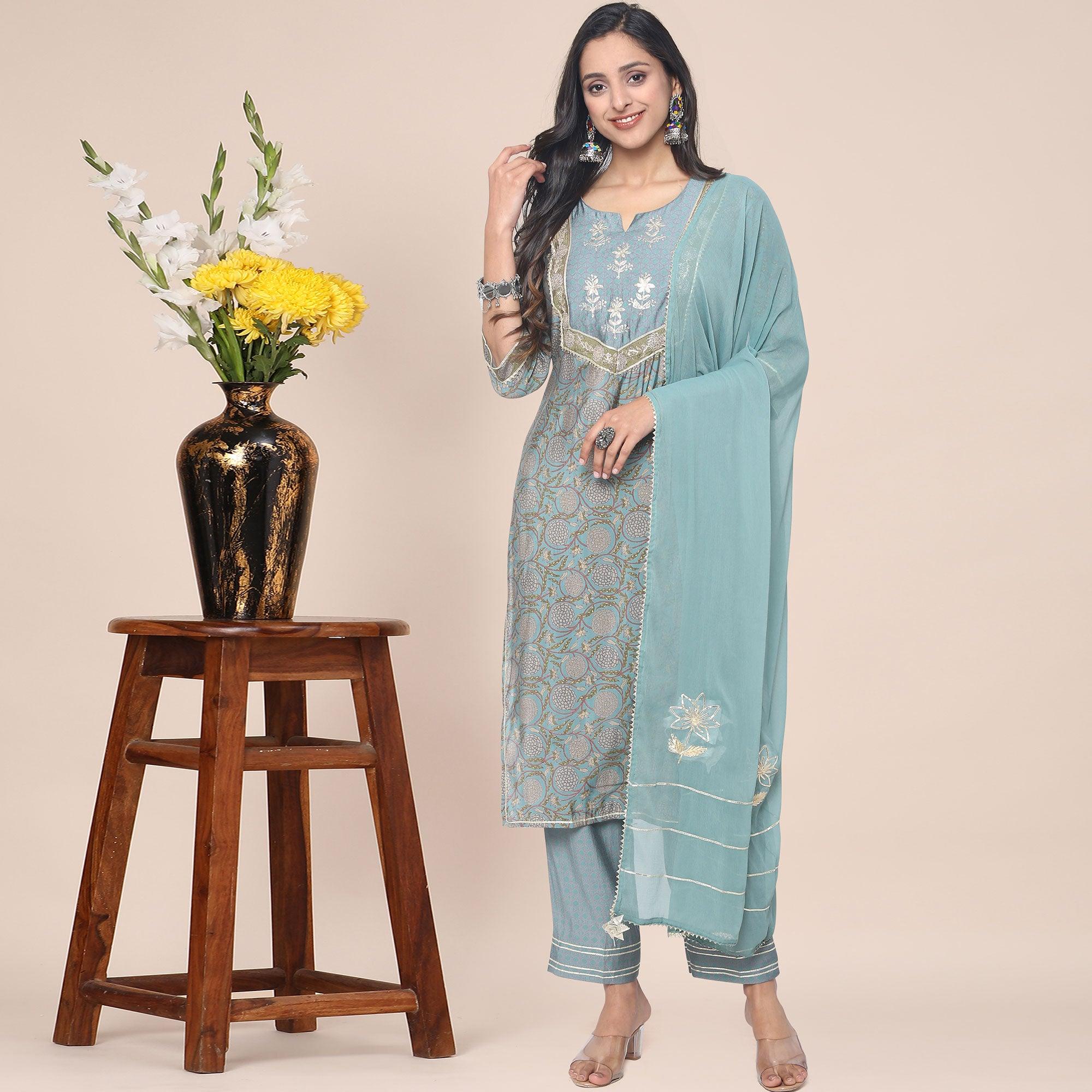 Peachmode Mehndi Green Patywear Floral Embroidered Cotton Silk Kurti Pant Set With Dupatta