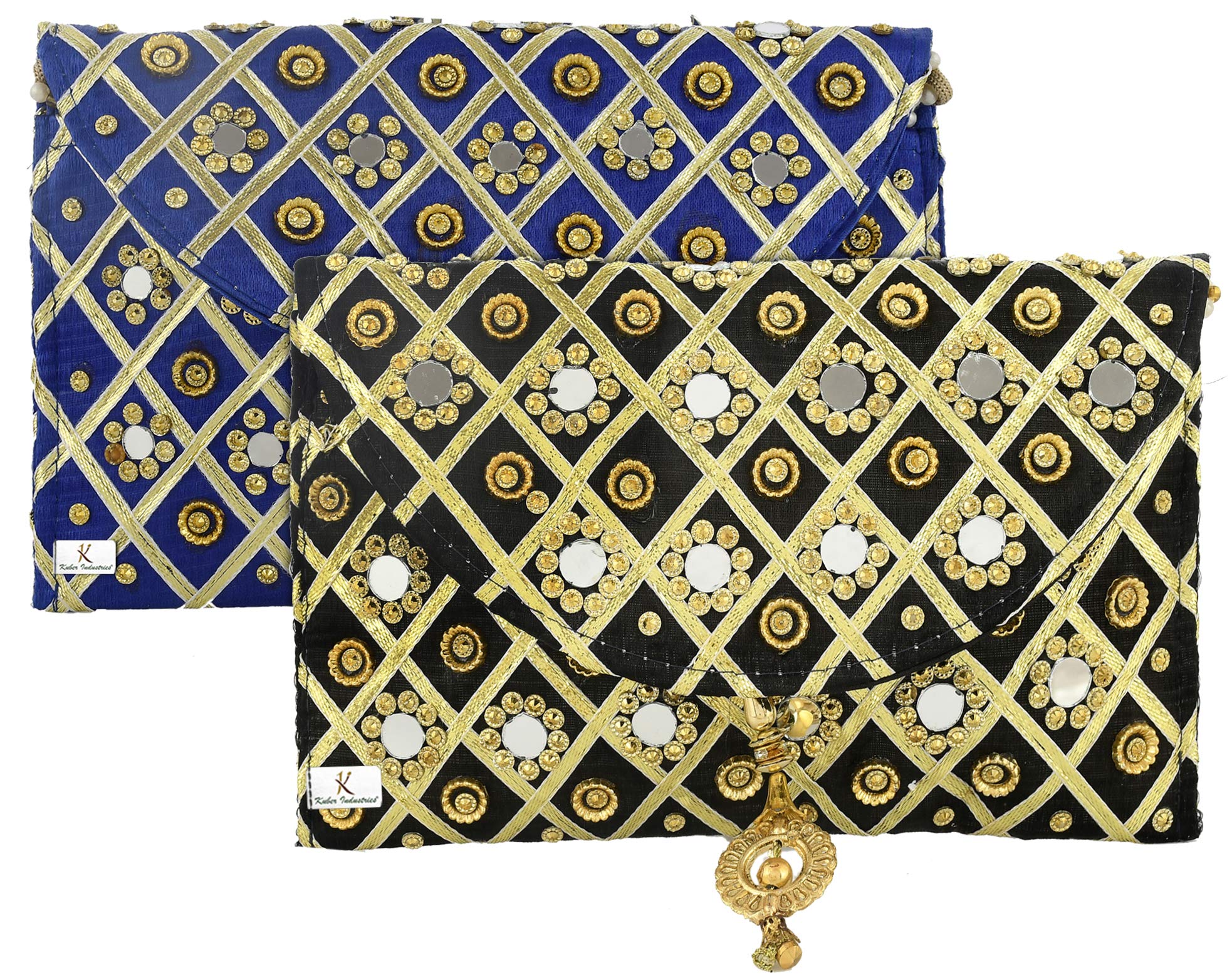 Kuber Industries 2 Pieces Silk Traditional Mirror Work Envelope Clutch Bag Purse Handbag for Bridal, Casual, Party, Wedding (Blue & Black)-KUBMART1147