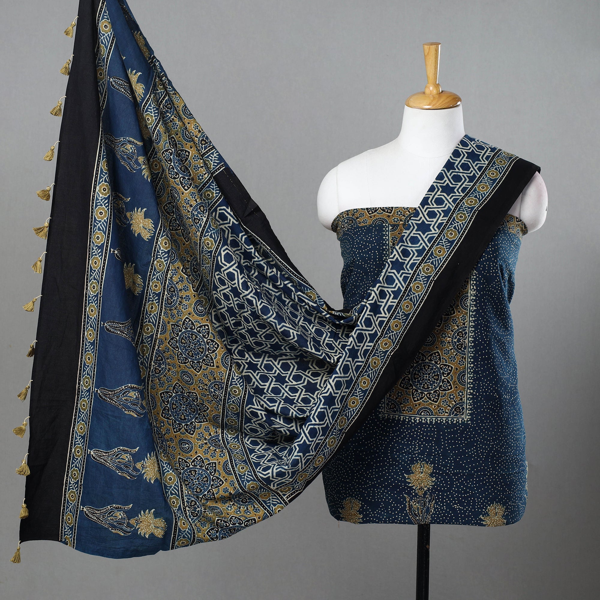 AJRAKH BY SUFIYAN ISMAIL KHATRI Blue - Hand Block Print Cotton 3pc Ajrakh Dress Material 17