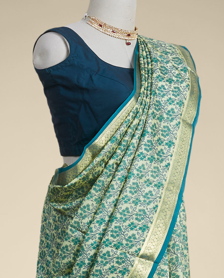 Pothys Green floral printed silk saree with contrast zari border