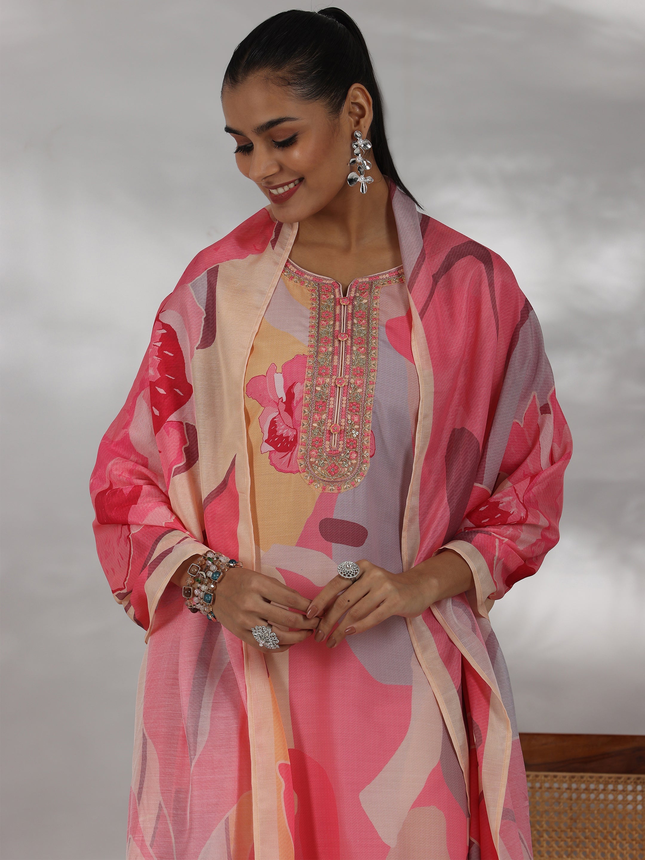 Libas Cream Printed Cotton Blend Straight Suit With Dupatta - view 6