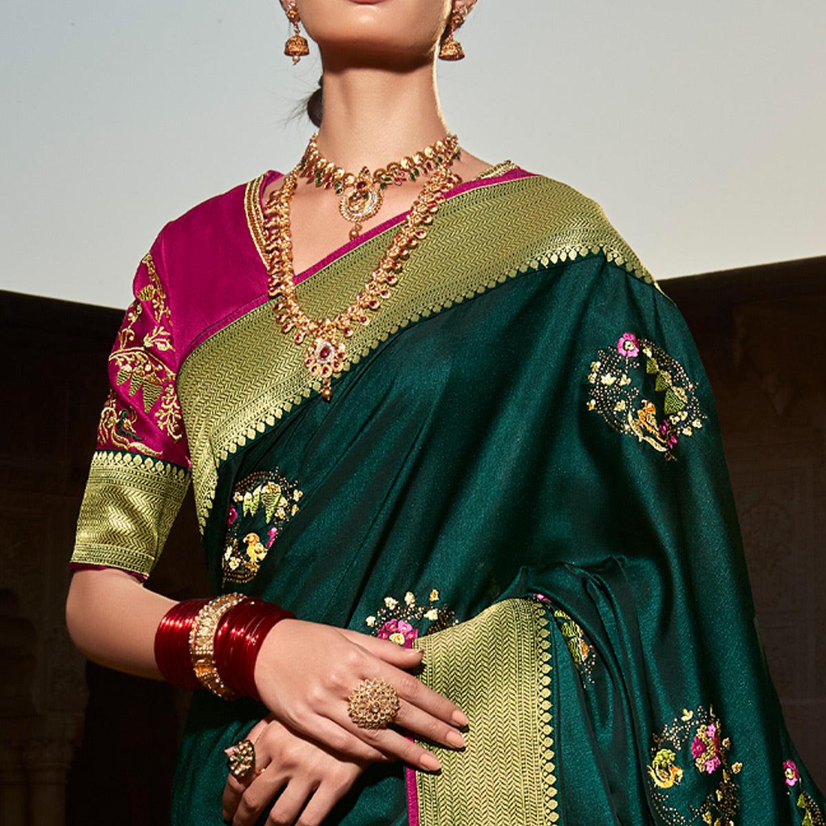 Peachmode Dark Green Festive Wear Floral Woven With Emrboidered Silk Saree - view 4