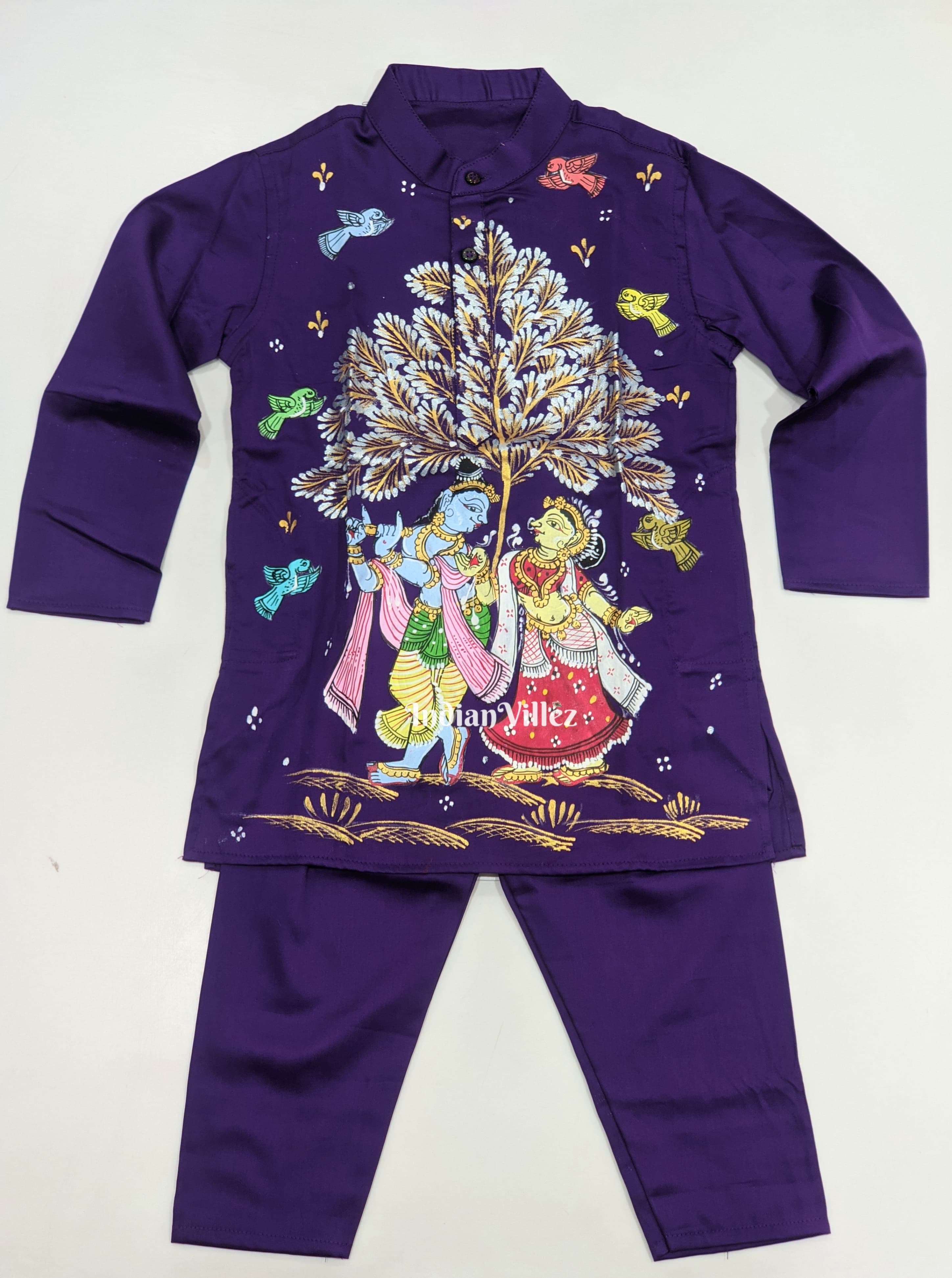 IndianVillèz Dark Purple Boys Radha Krishna Theme Pattachitra Kids Kurta & Pyjama Set