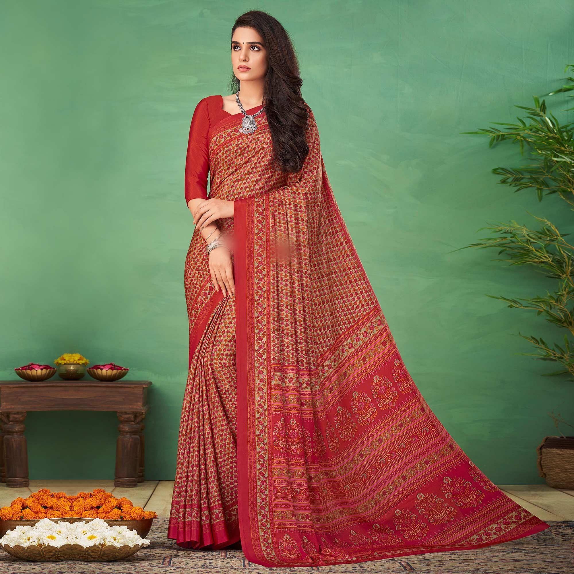 Peachmode Maroon Casual Wear Printed Silk Saree