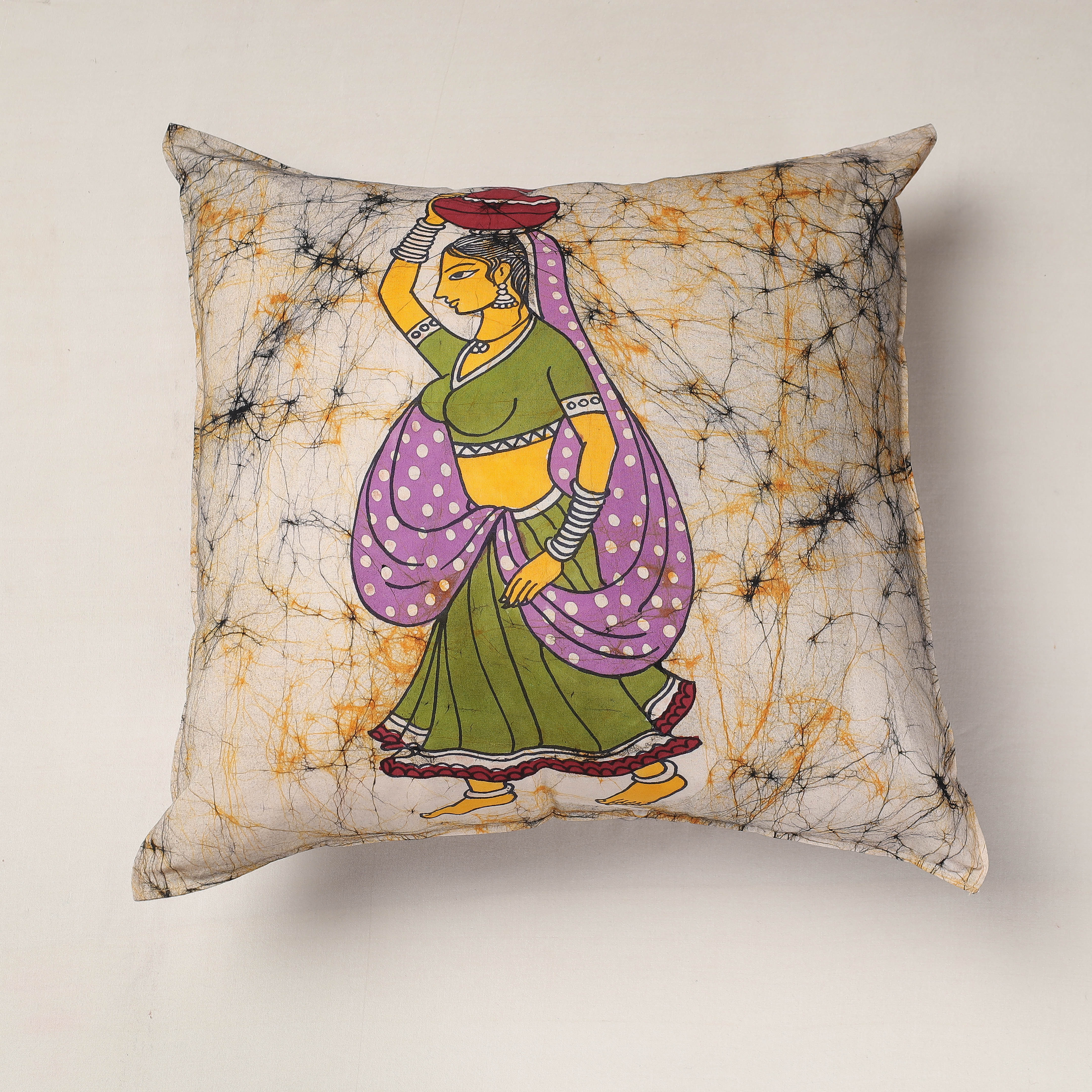 KACHCHH JI CHHAAP Beige - Hand Batik Printed Pure Cotton Cushion Cover (18 x 18 in)