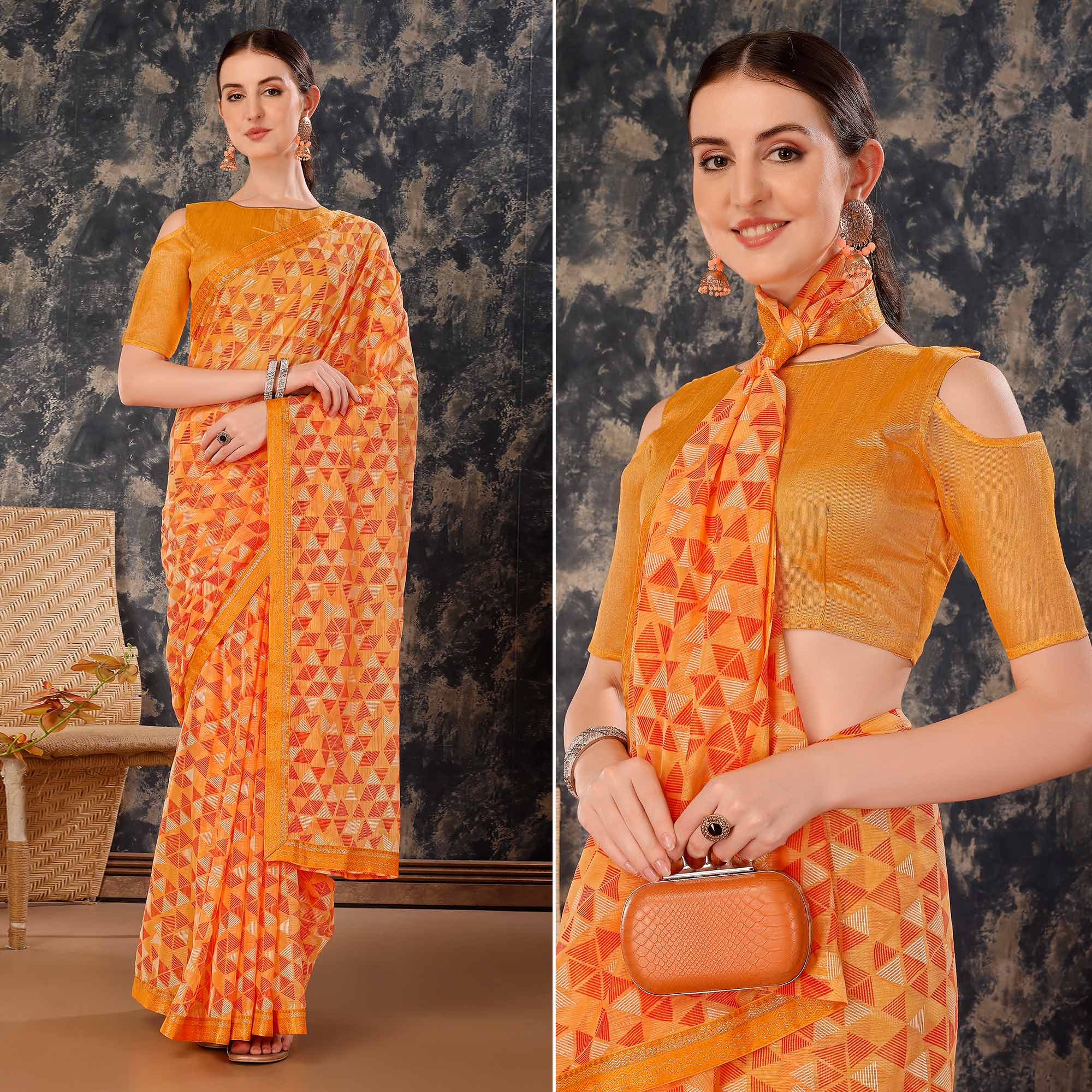 Peachmode Light Orange Geometric Printed Chiffon Saree With Lace Border