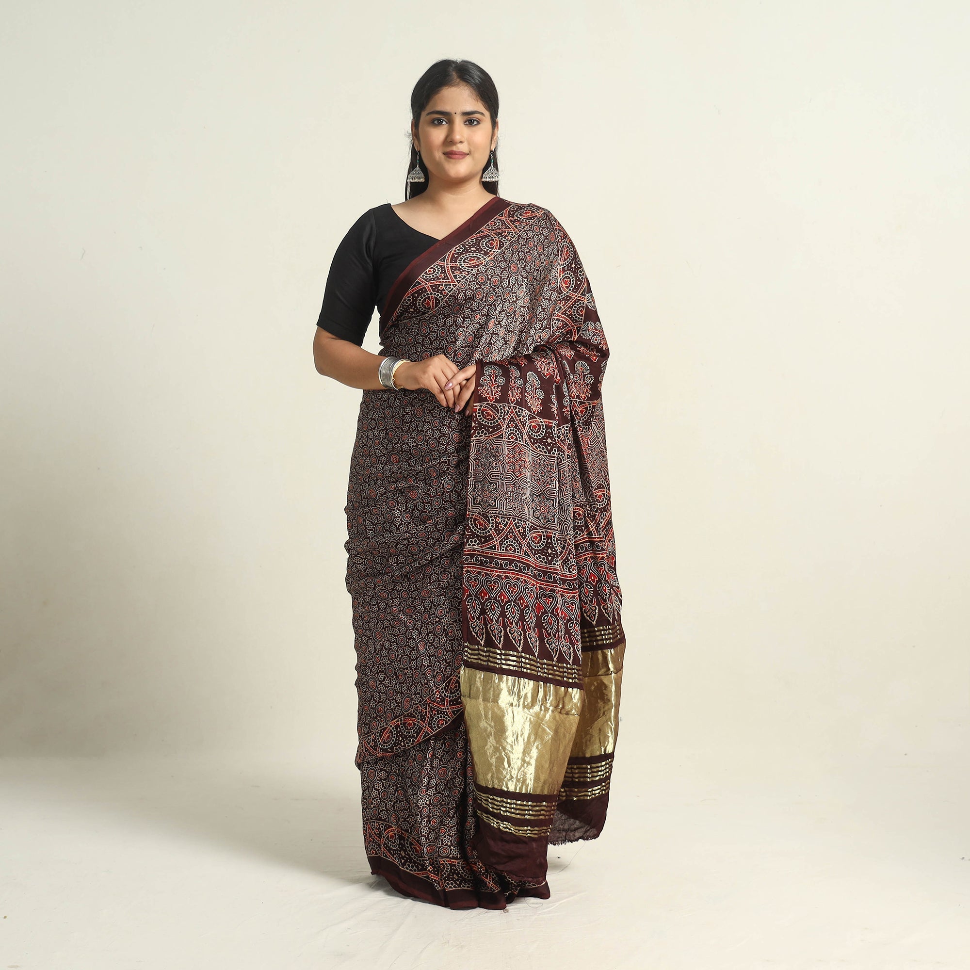 KACHCHH JI CHHAAP Brown - Modal Silk Block Printed Ajrakh Saree with Zari Border 69