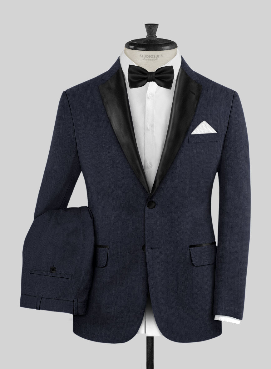 StudioSuits Napolean Imperial Blue Herringbone Wool Tuxedo Suit
