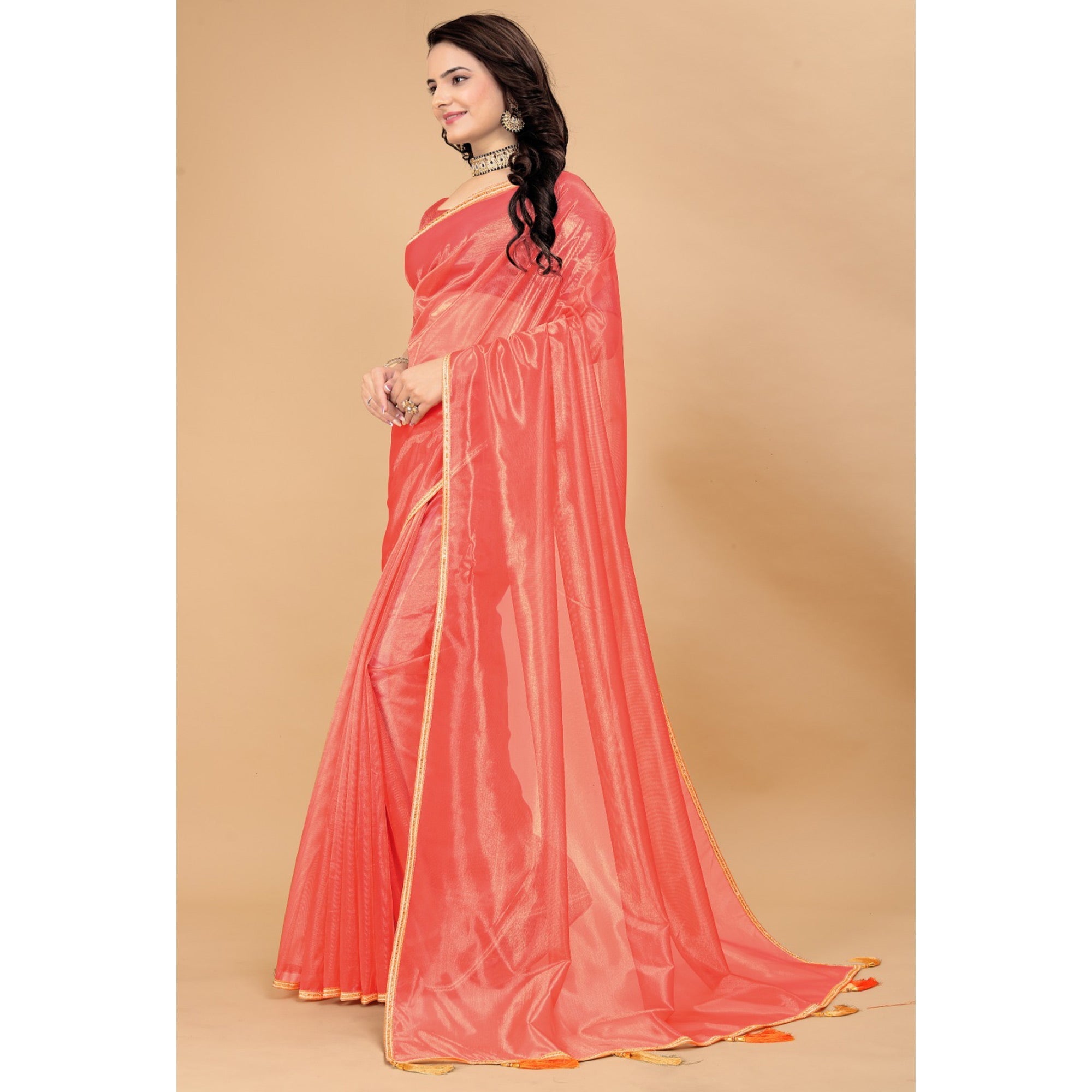 Peachmode Dark Peach Solid Nylon Saree With Lace Border - view 5