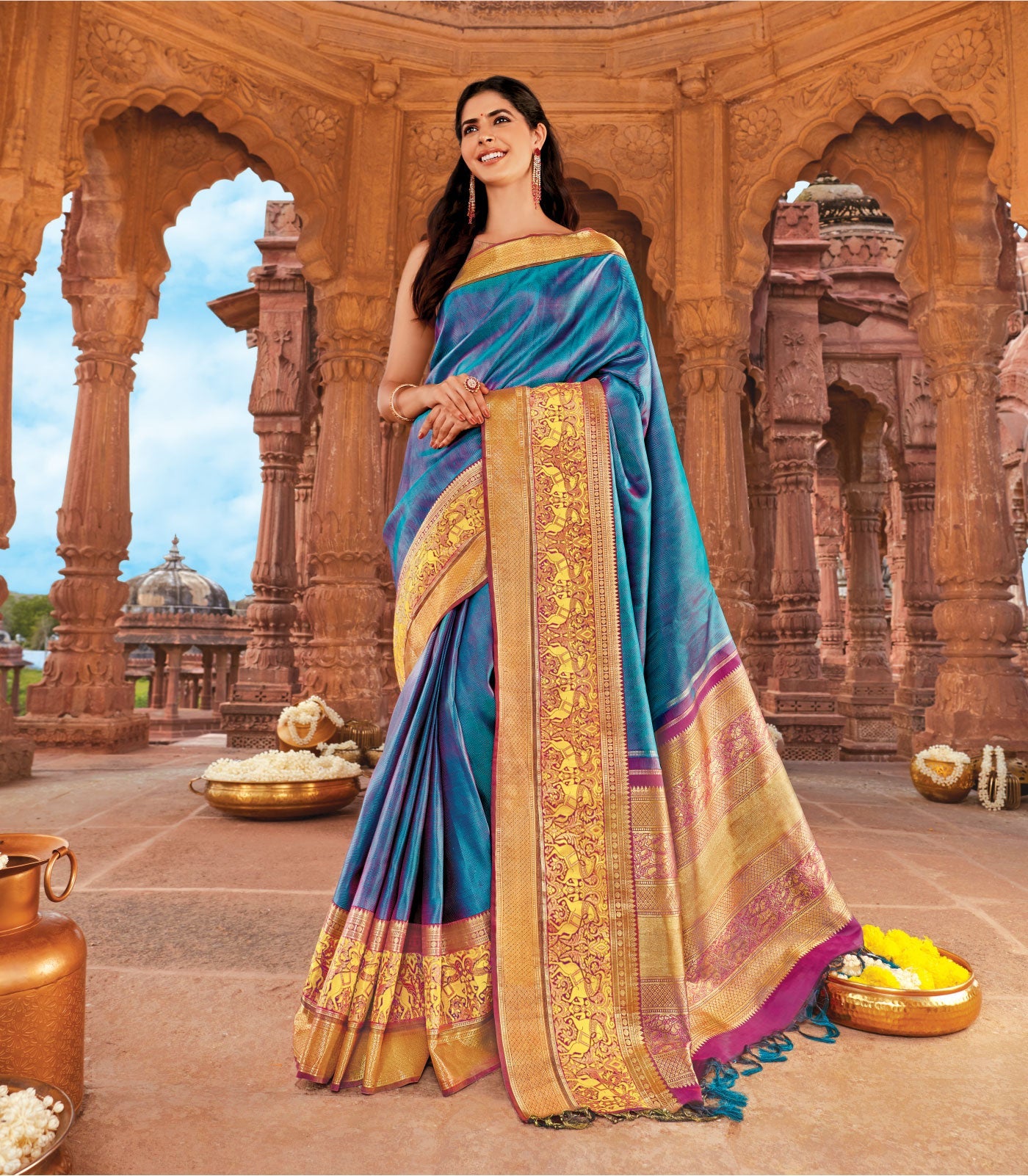 RmKV Cyan Handloom Silk Saree With Chevron Motifs & Kalamkaari Horse Motifs