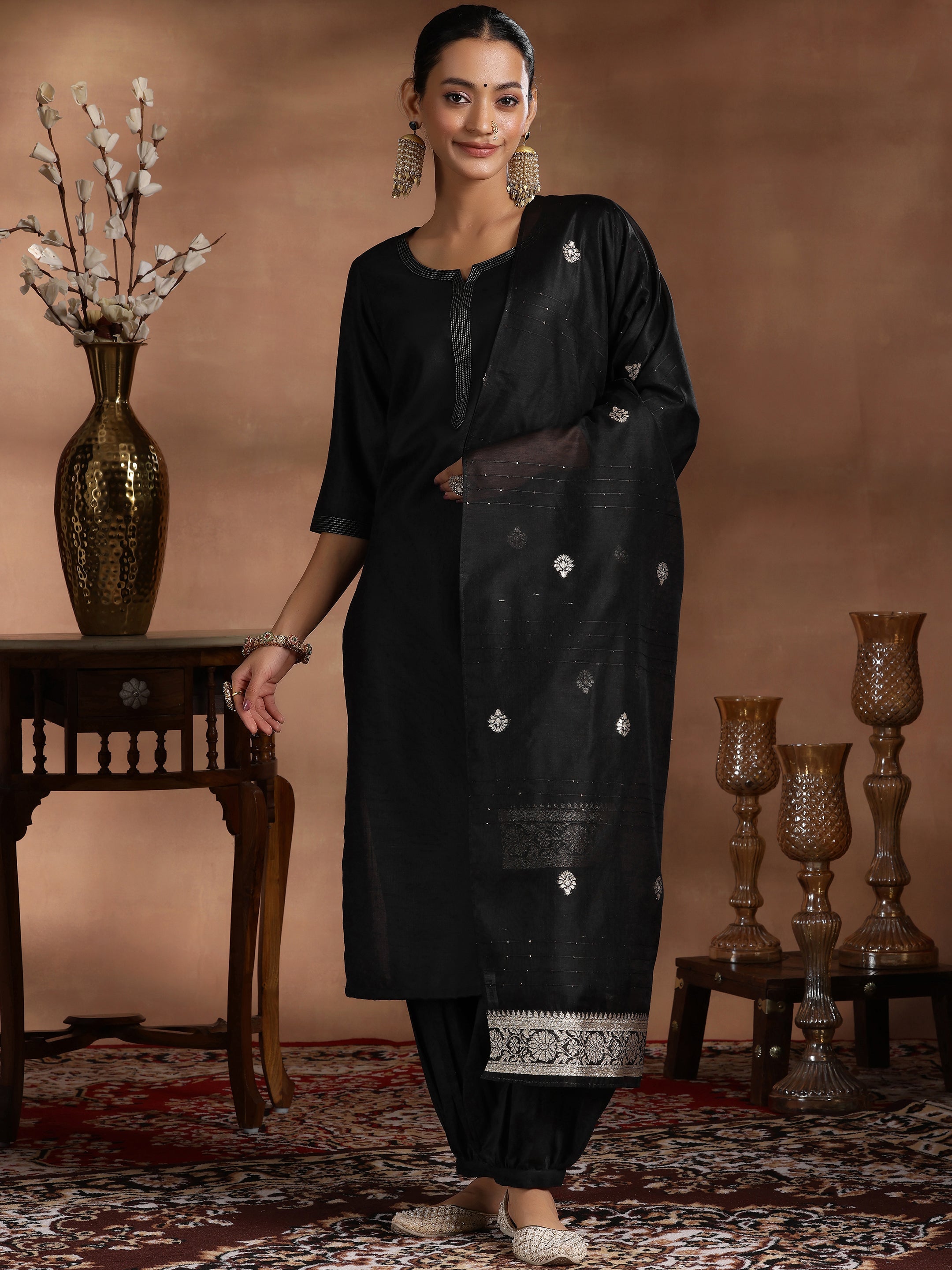 Libas Black Solid Silk Blend Straight Suit With Dupatta - view 2