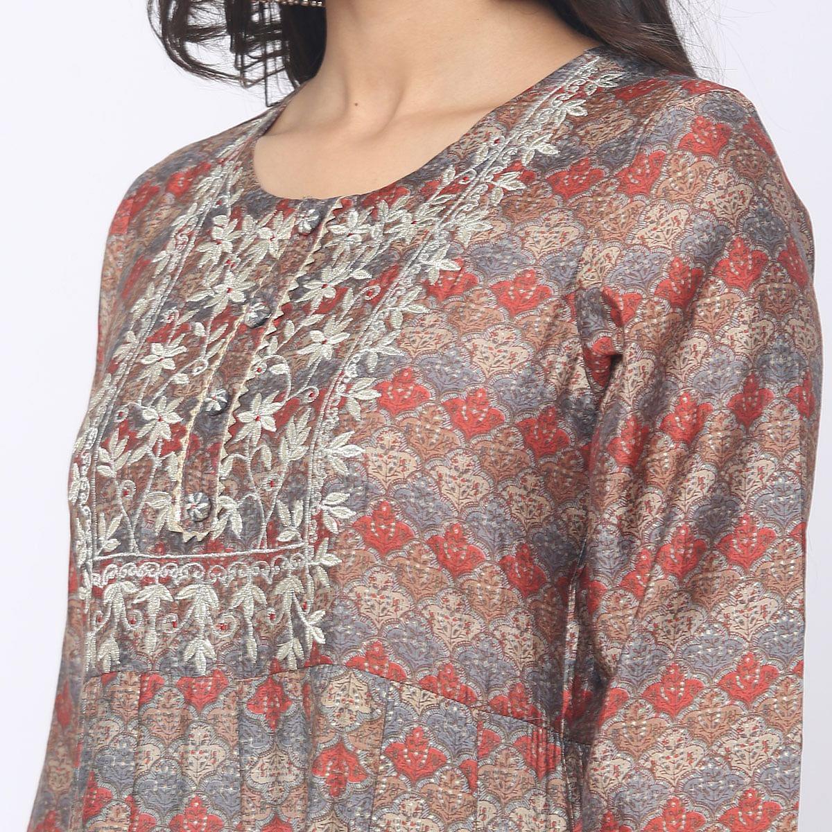 Peachmode Brown Patywear Floral Embroidered With Print Cotton Anarkali Suit - view 5
