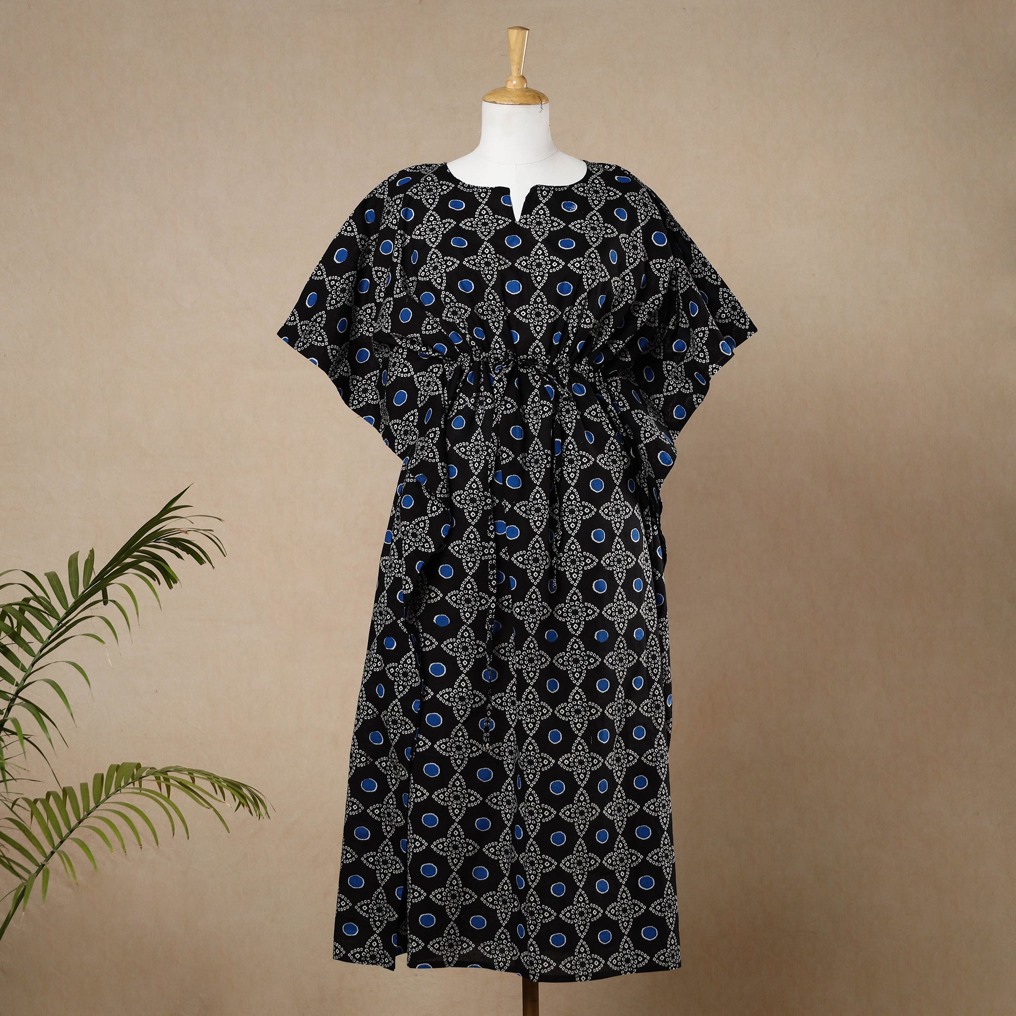 CHUTNEY CRAFT STUDIO Black - Hand Block Printed Cotton Kaftan with Tie-Up Waist (Long)