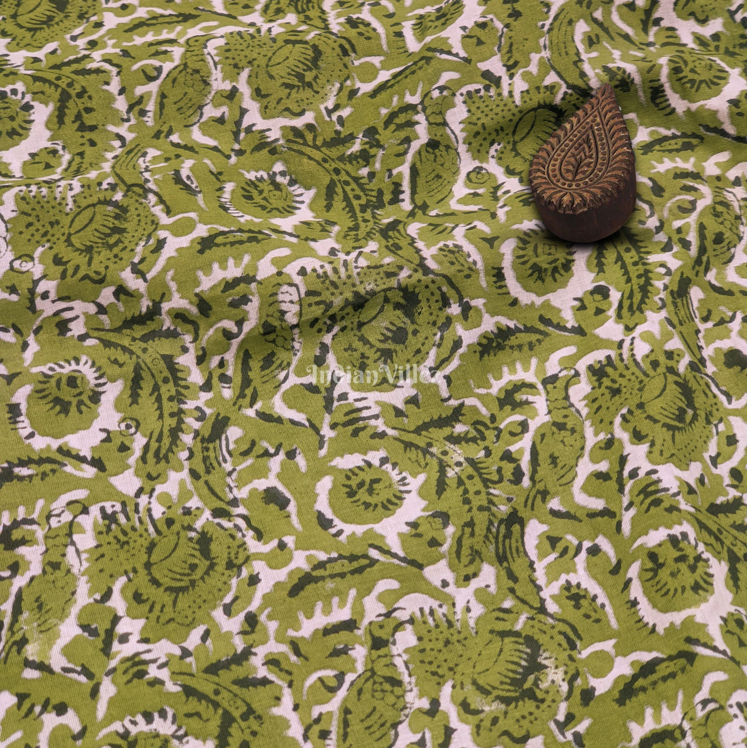 IndianVillèz Green Floral Hand Block Printed Cotton Fabric