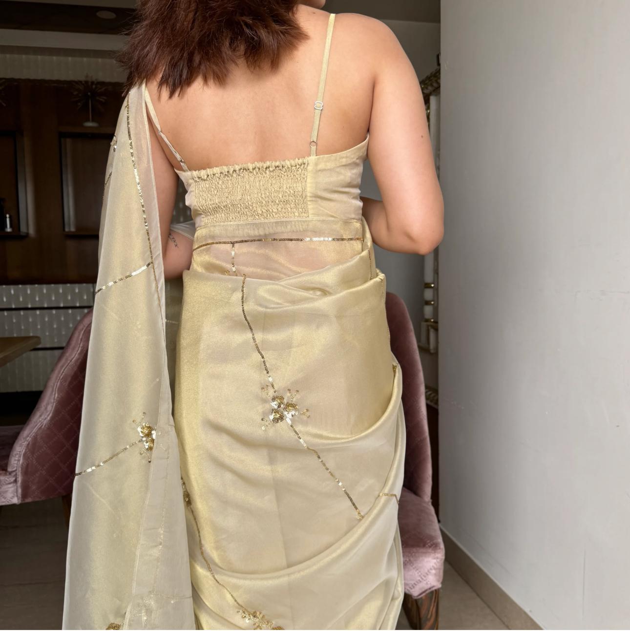 ClothsVilla Beige Color Tissue Jimmy Choo Saree with Exquisite Handwork – Complete with Running Blouse - view 4