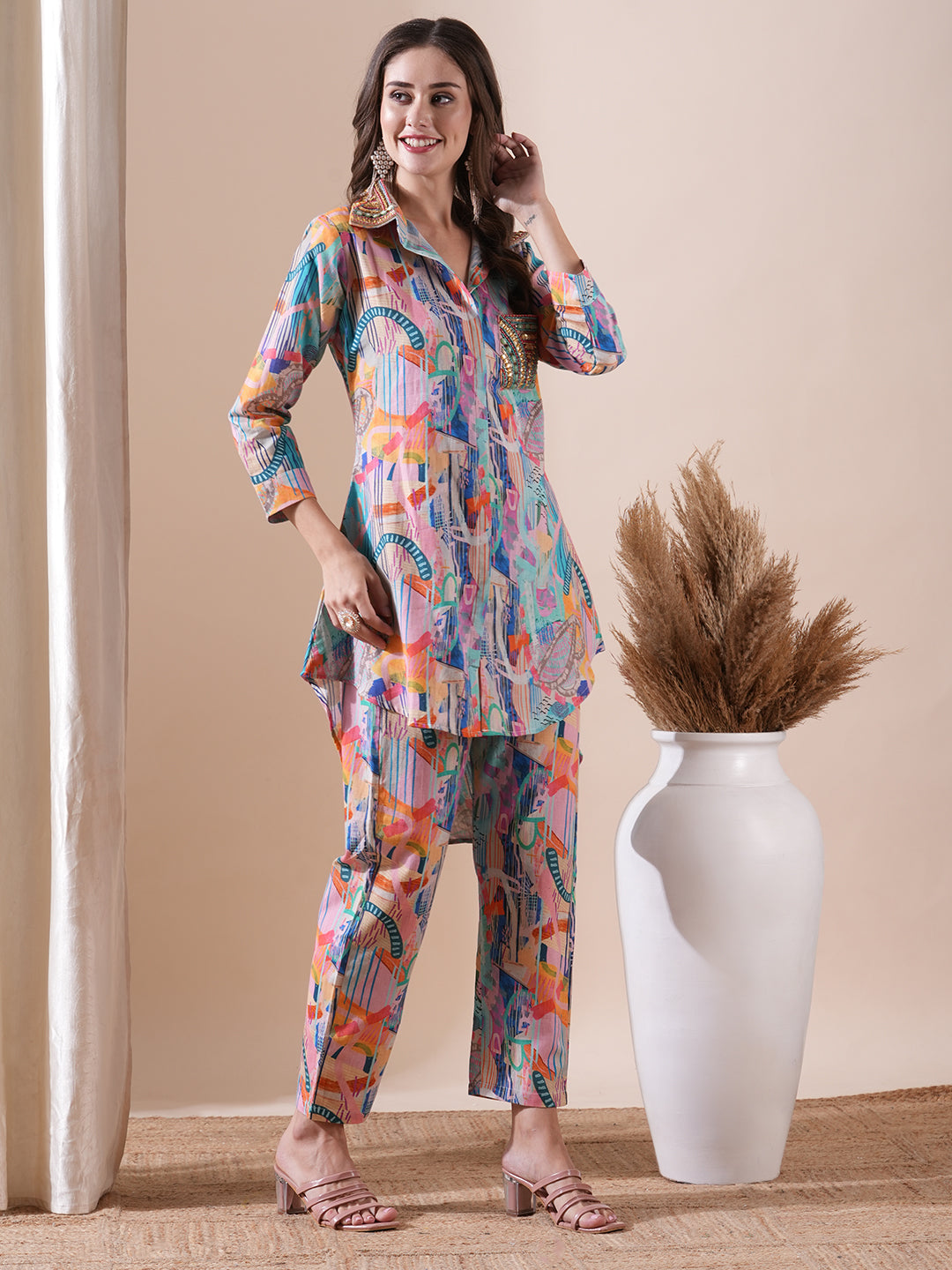 Fashor Abstract Printed Stones & Sequins Embellished Kurti with Pants Co-ord Set - Multi - view 5