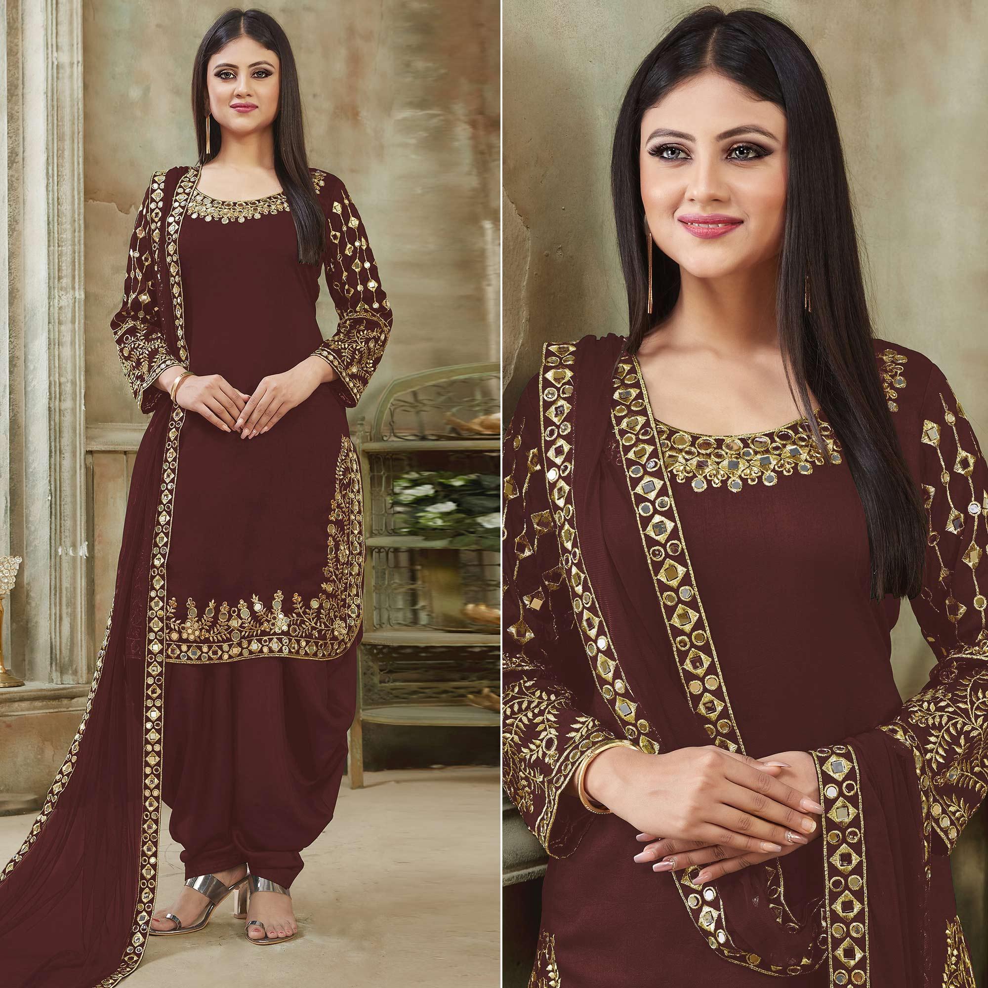 Peachmode Brown Embroidered Georgette Patiala Suit