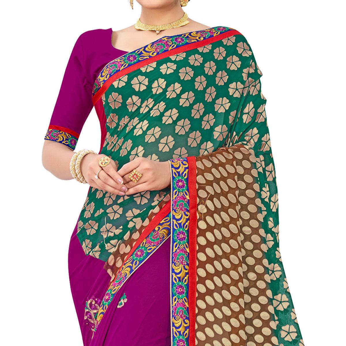 Peachmode Majesty Green-Purple Colored Party Wear Embroidered Georgette Half-Half Saree - view 2