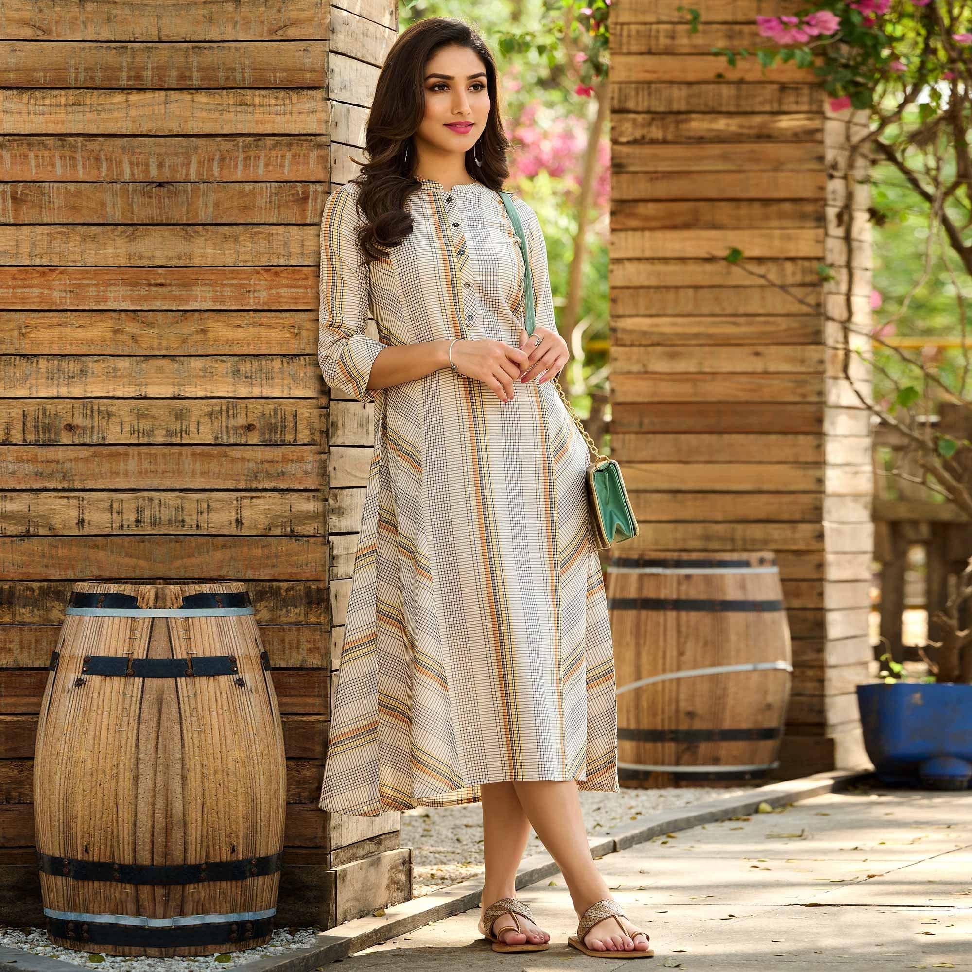 Peachmode Seller Cream Checks Printed Pure Cotton Dress