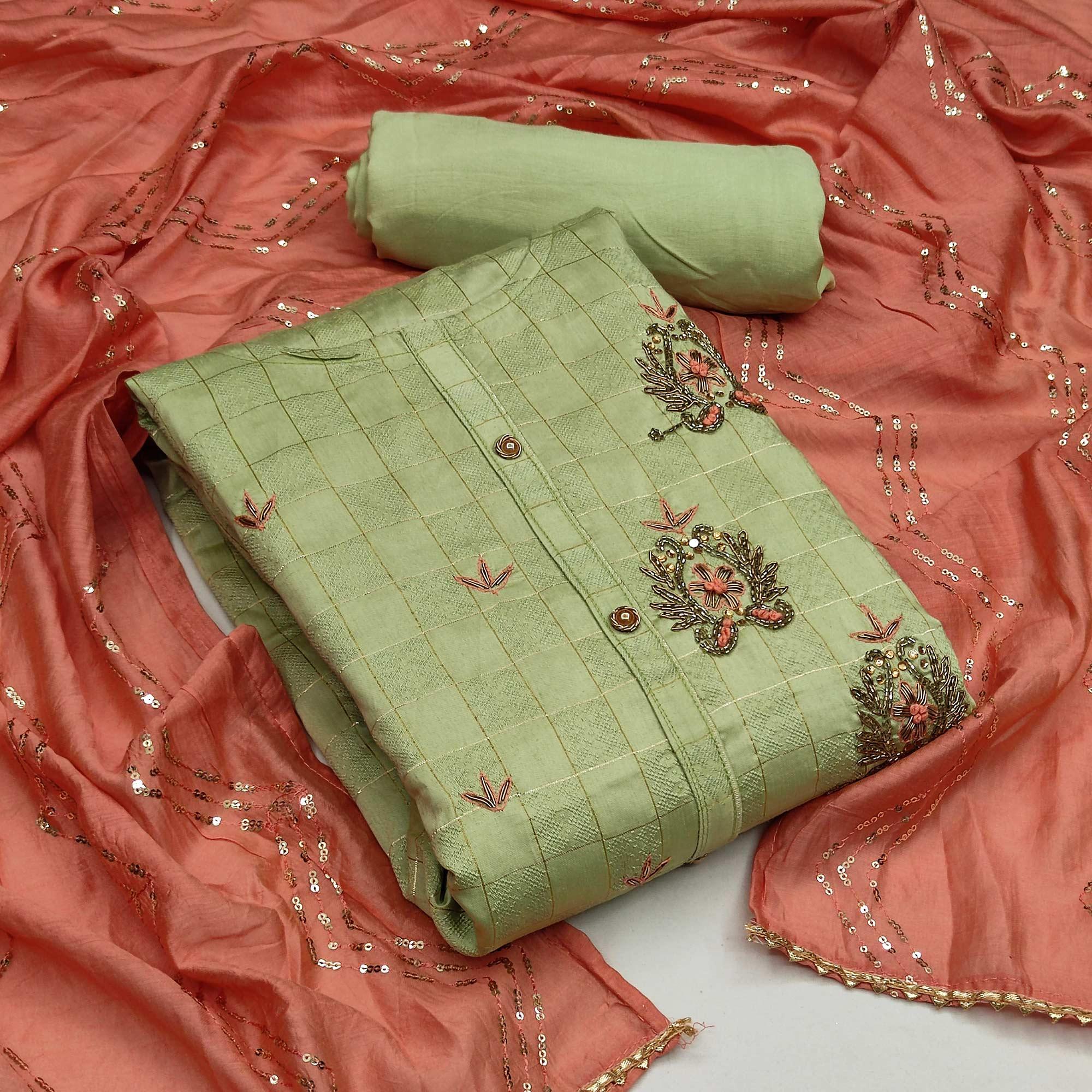 Peachmode Light Green Casual Wear Embroidered Cotton Dress Material
