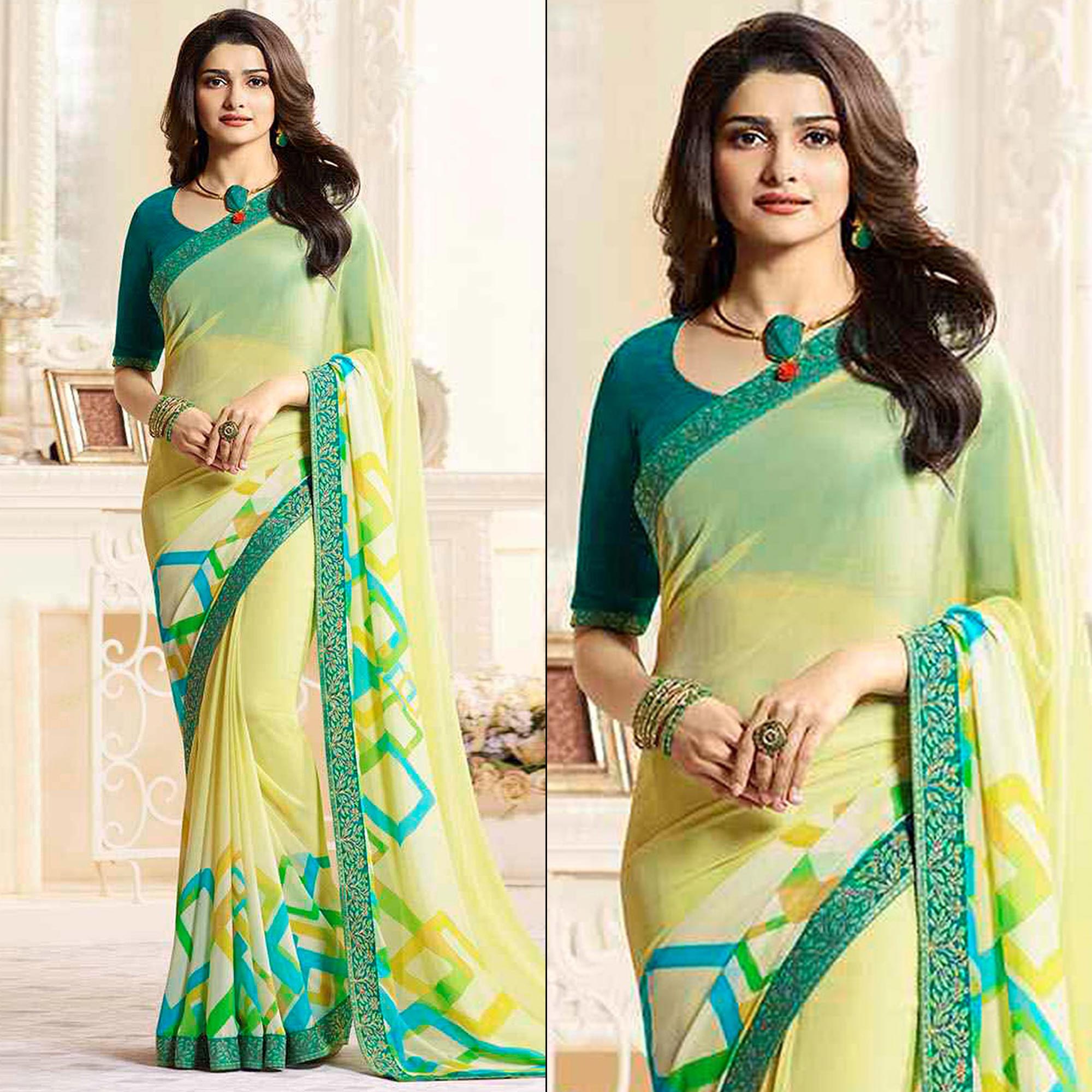 Peachmode Lemon Yellow Printed Georgette Saree With Lace Border