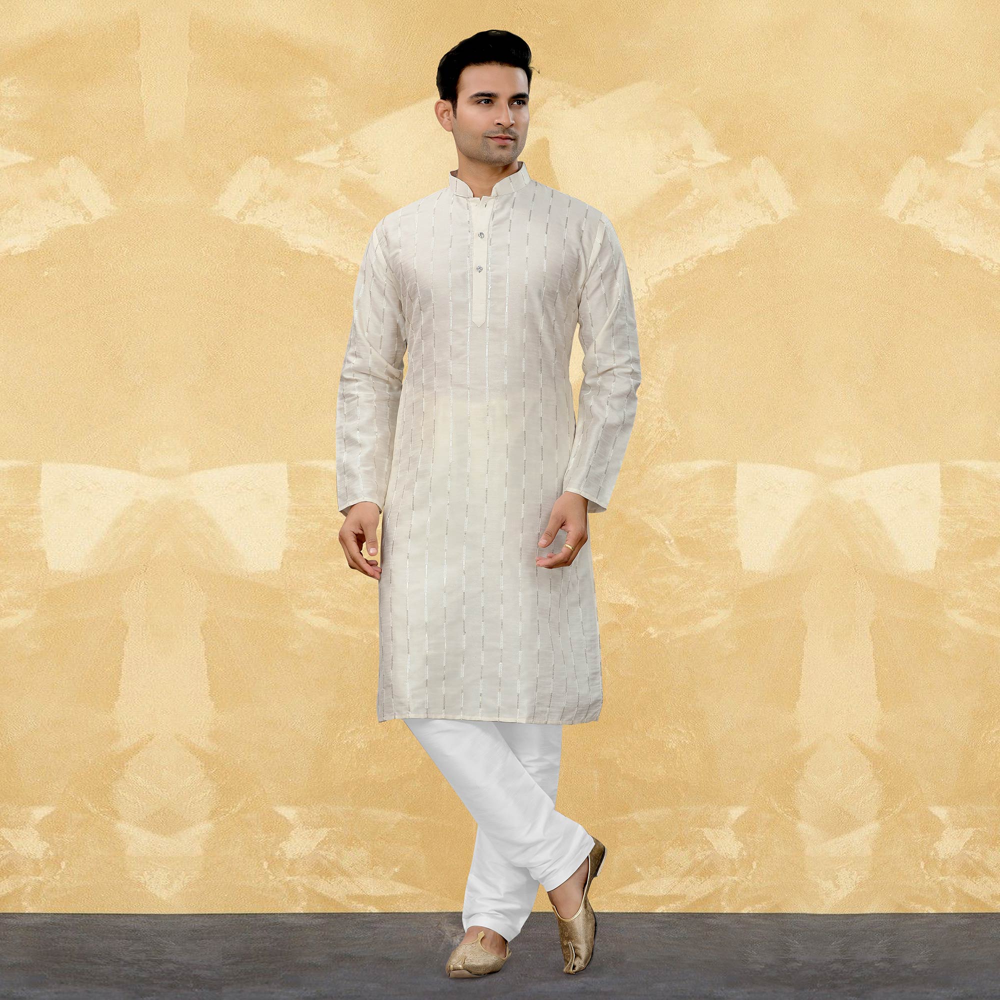 Peachmode Seller Cream Sequins Embroidered Art Silk Kurta Pyjama Set - view 2