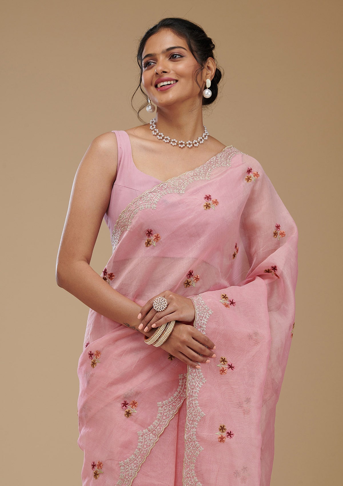 Koskii Pink Threadwork Tissue Saree – Women's - view 6