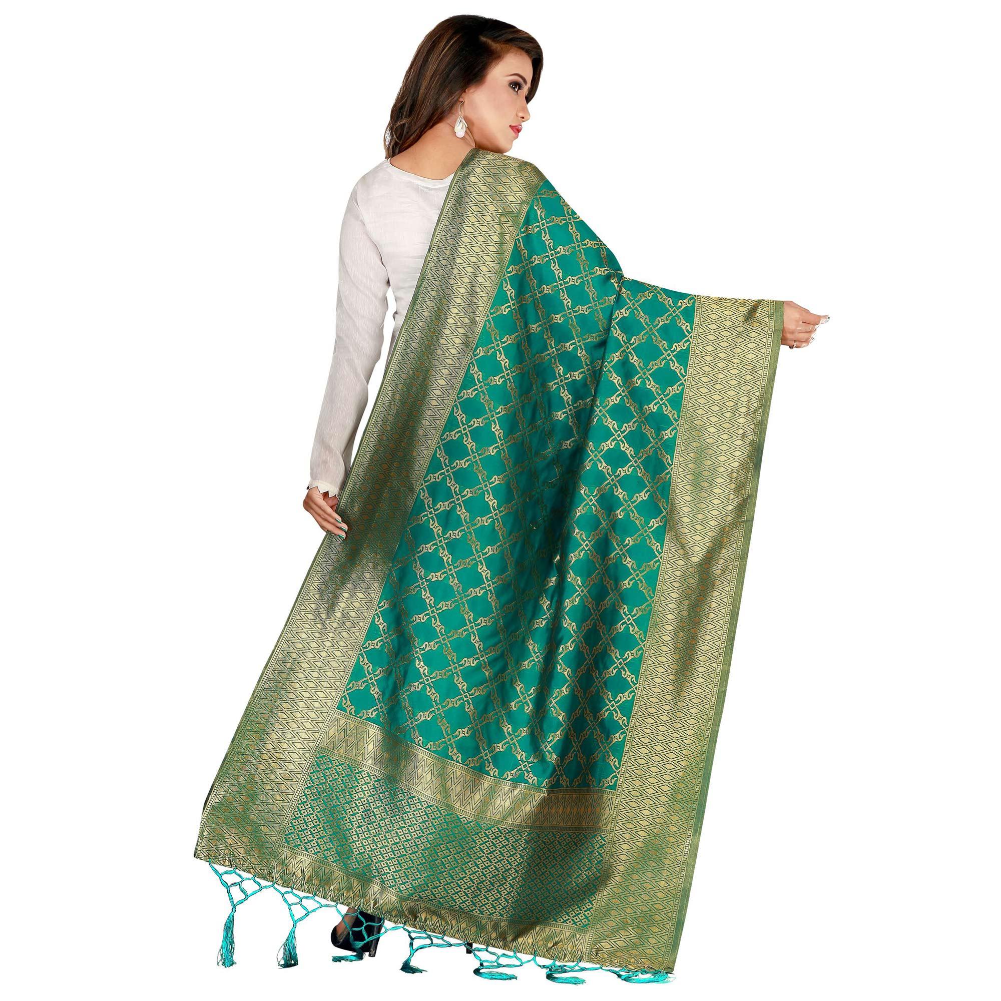 Peachmode Seller Eye-catching Green Colored Festive Wear Banarasi Silk Dupatta - view 4