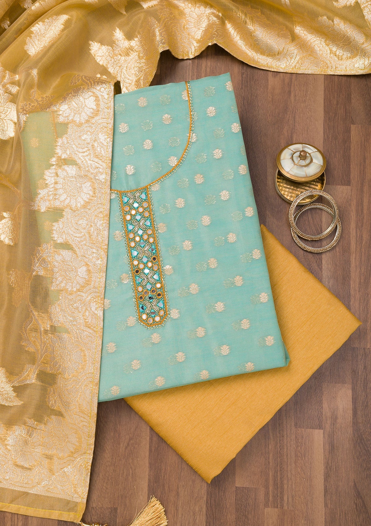 Koskii Sky Blue Zariwork Banarasi Unstitched Salwar Suit