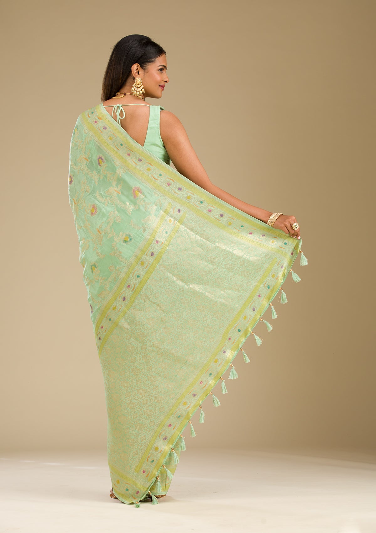 Koskii Pista Green Zariwork Banarasi Silk Saree - view 2