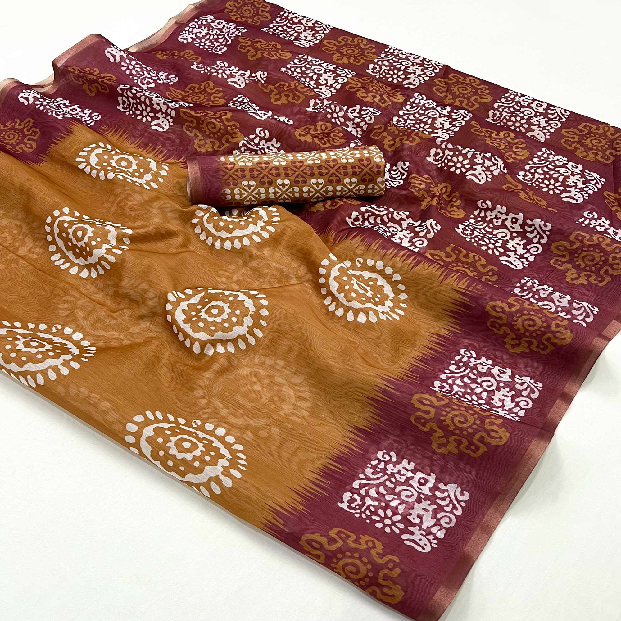Peachmode Brown & Wine Digital Printed Linen Saree With Zari Border