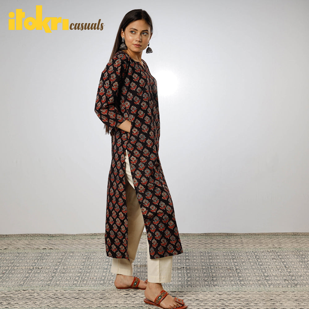 ITOKRI CASUALS Black - Ajrakh Block Printed Cotton Long Straight Kurta - view 2