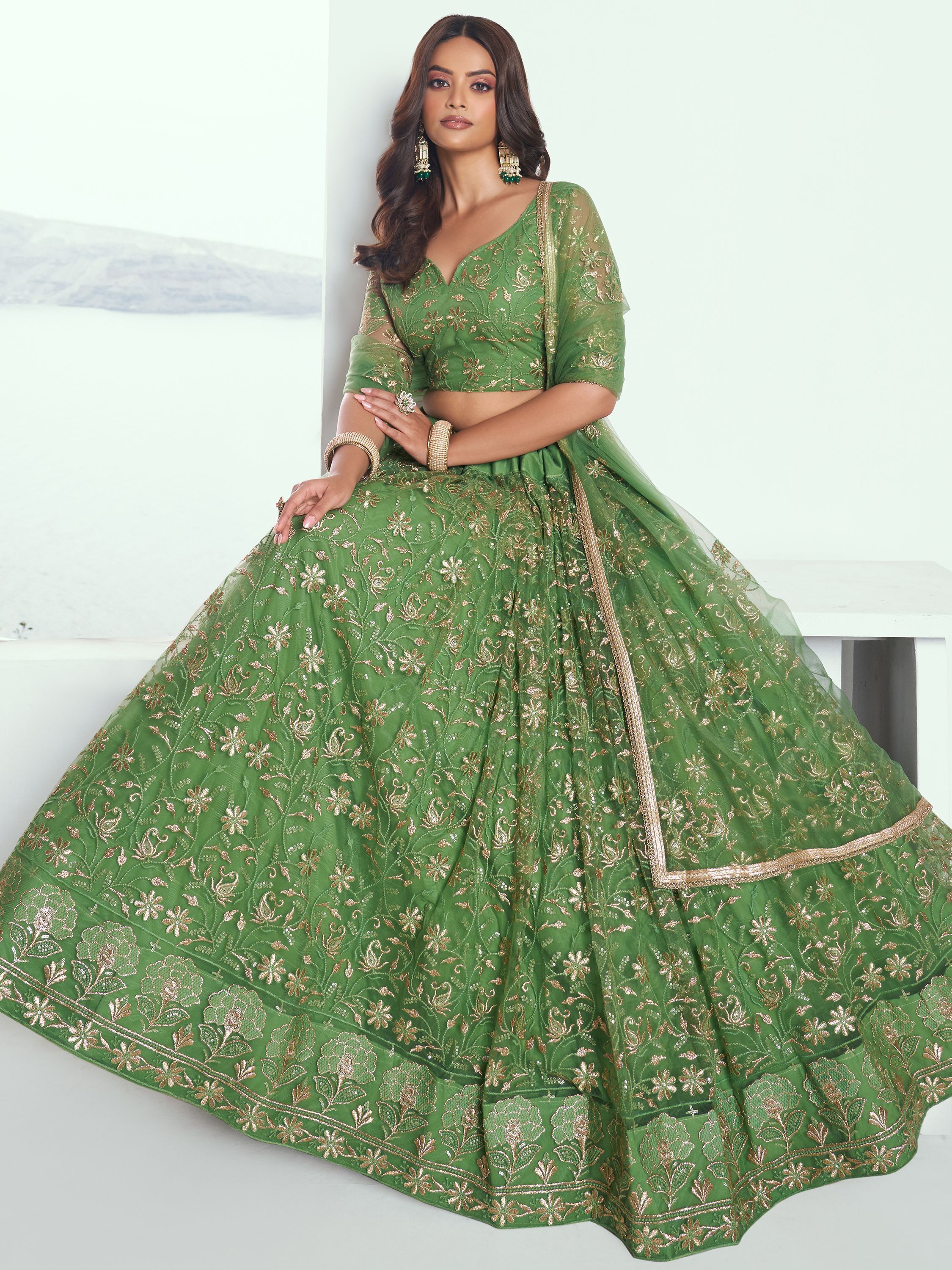 ClothsVilla Elegant Green Embroidered Net Mehendi Lehenga Choli - view 2