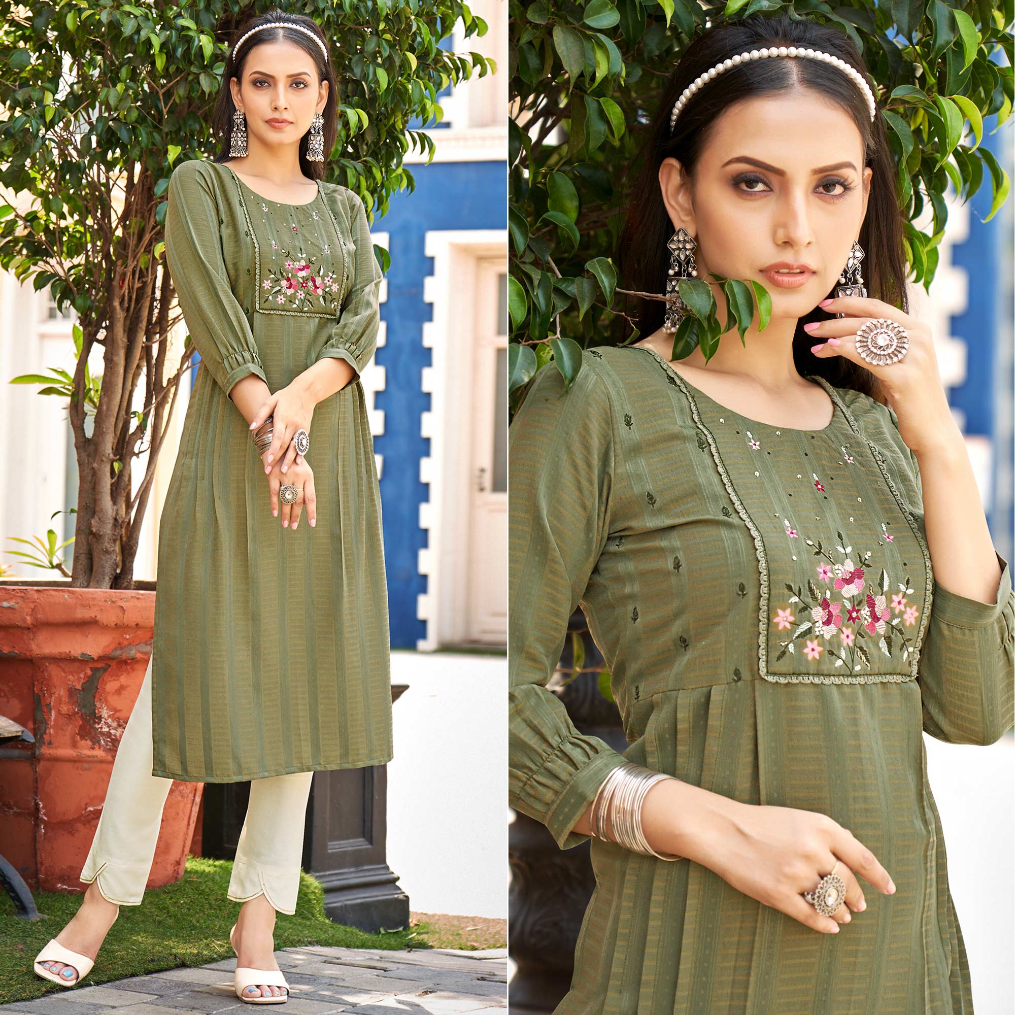 Peachmode Mehendi Green Embroidered Rayon Kurti