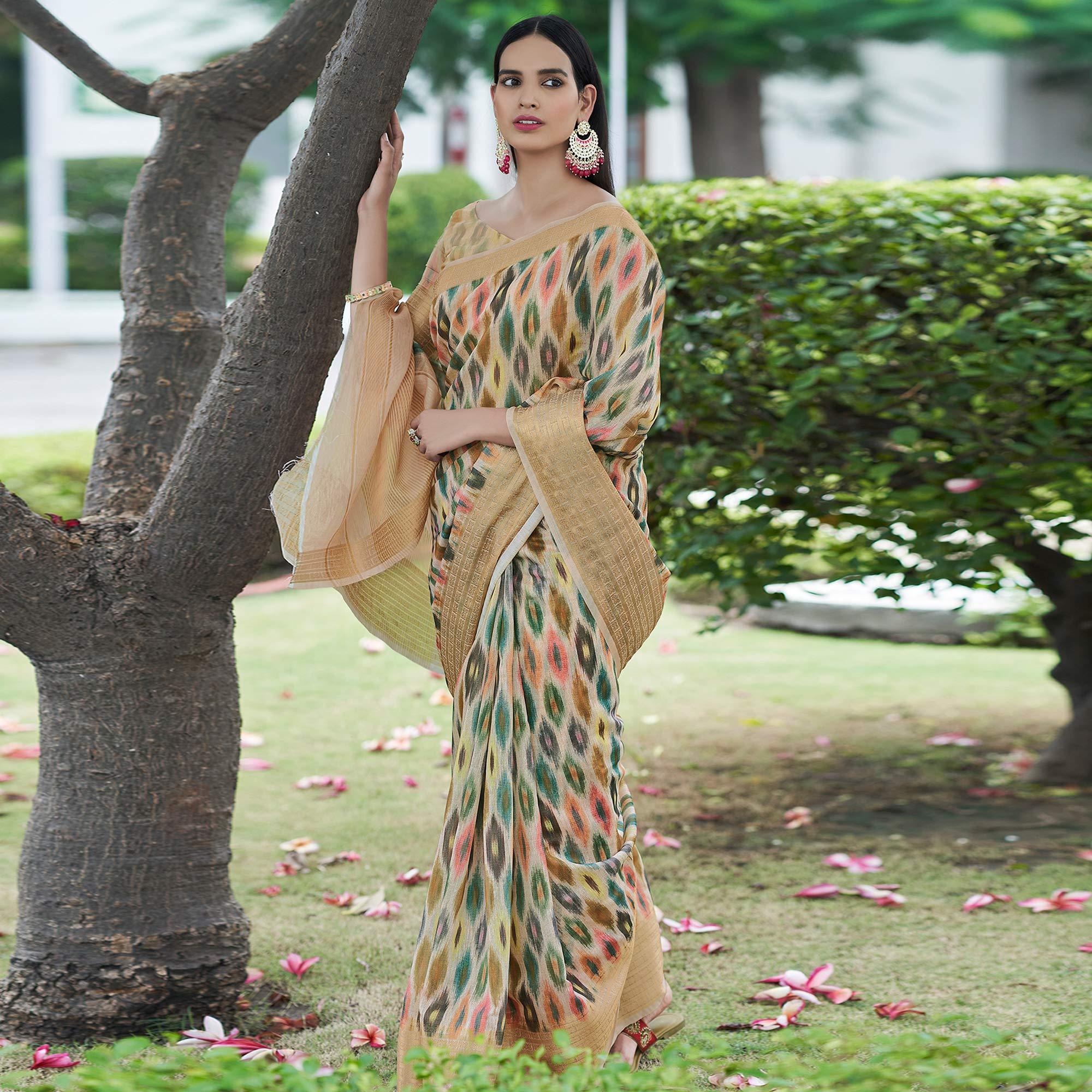 Peachmode Chikoo Digital Printed Linen Saree – Women's