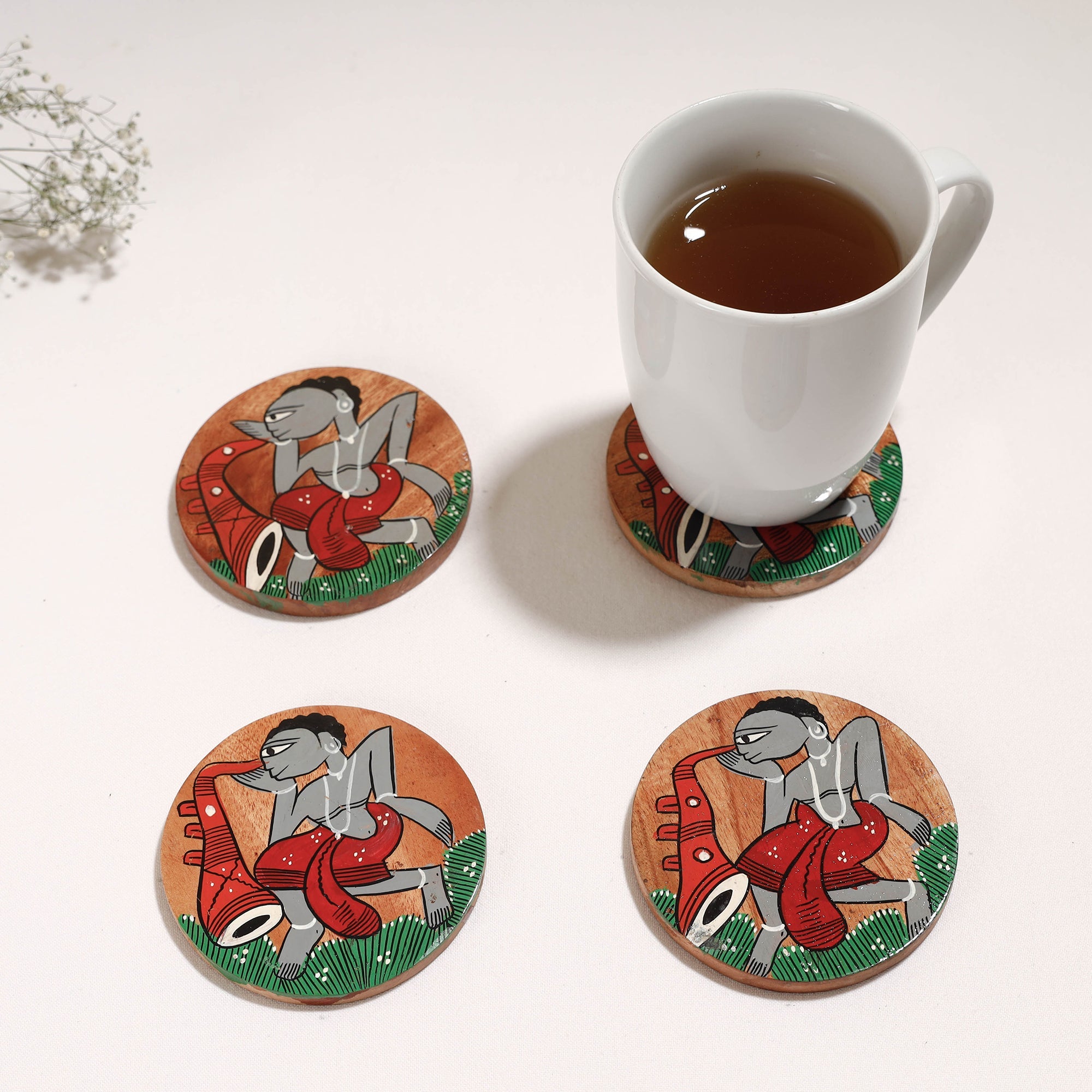 ITOKRI CRAFTS INITIATIVE Bengal Patua Handpainted Akashmoni Wooden Coasters (Set of 4)