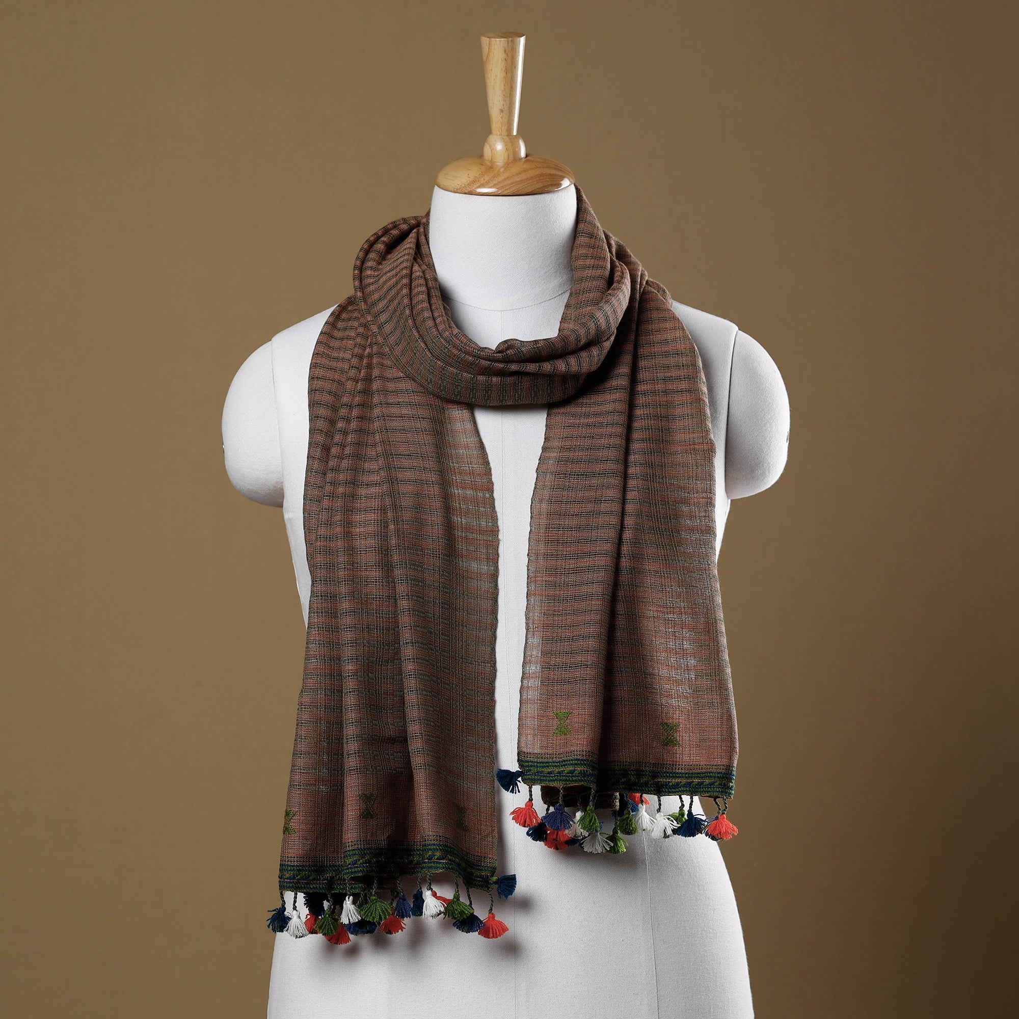 KACHCHH JI CHHAAP Brown - Kutch Bhujodi Weave Handloom Cotton Stole with Tassels