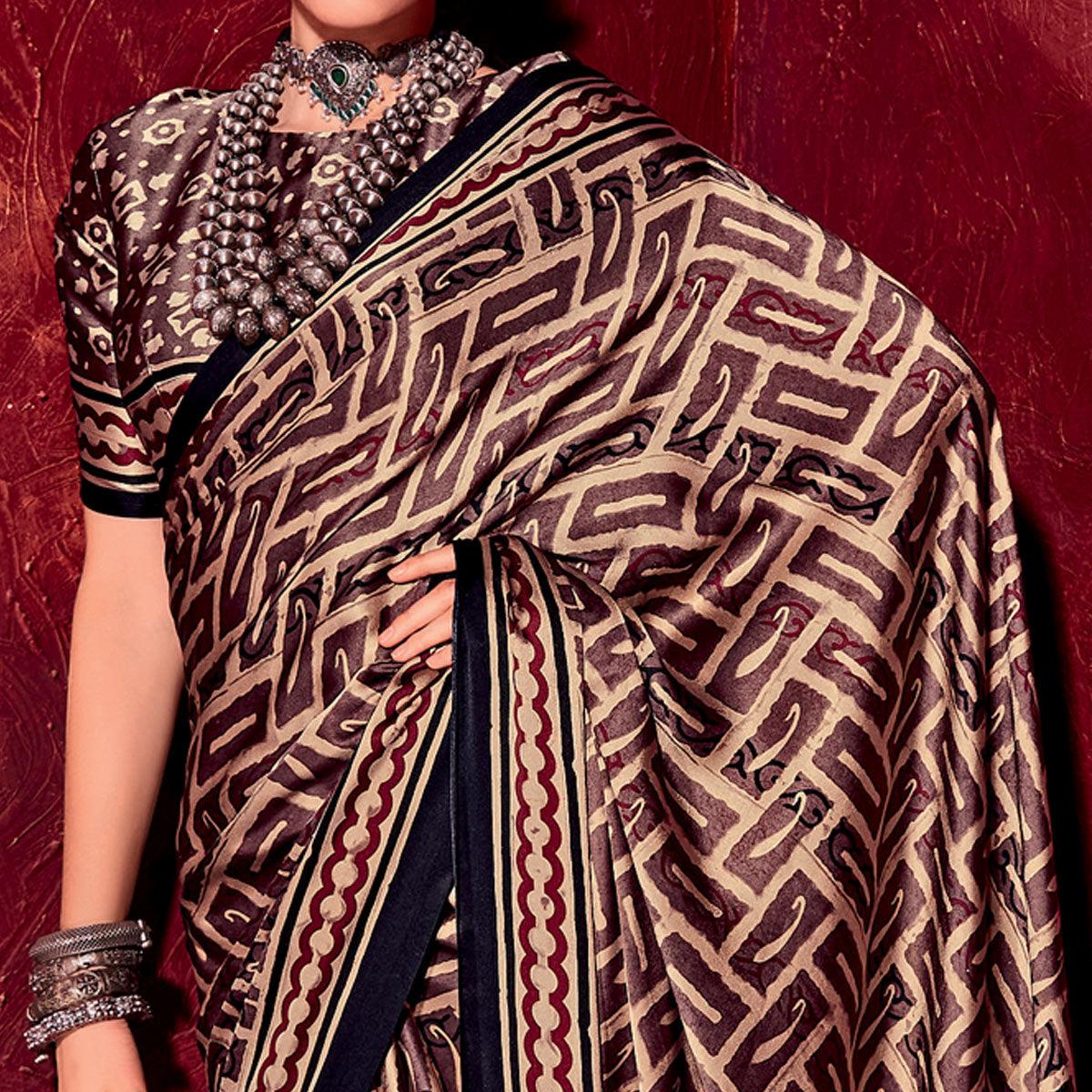 Peachmode Dark Brown Printed Satin Saree – Women's - view 2