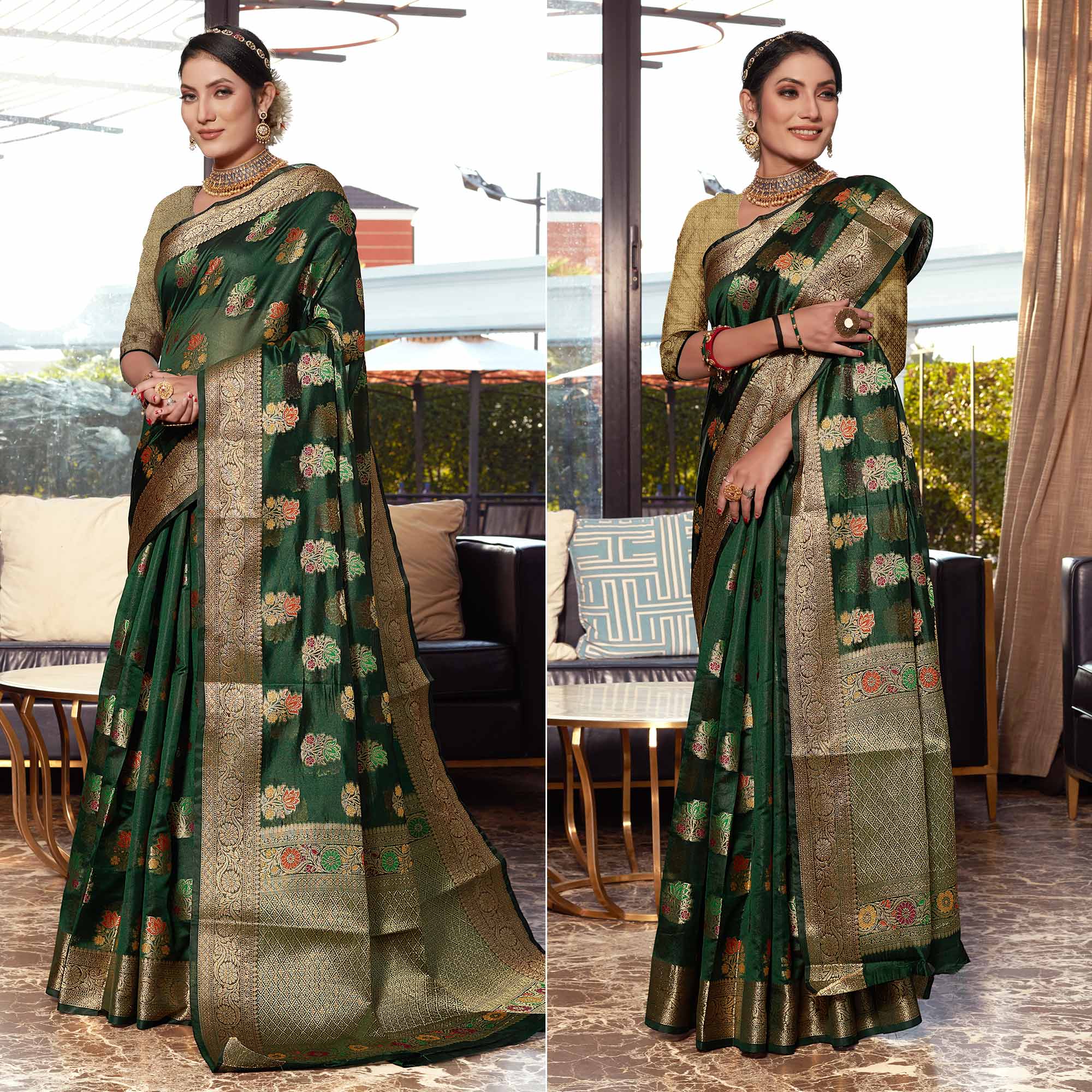 Peachmode Bottle Green Floral Woven Organza Saree