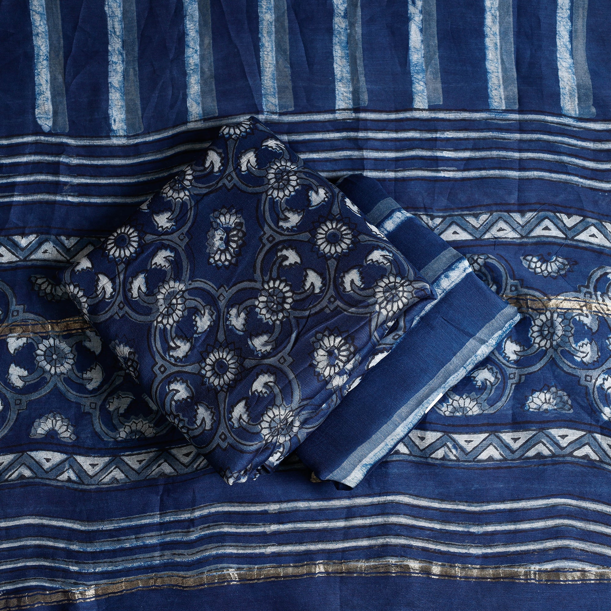 HAVELI CHRONICLES Blue - 3pc Akola Block Printed Chanderi Silk Suit Material Set - view 2