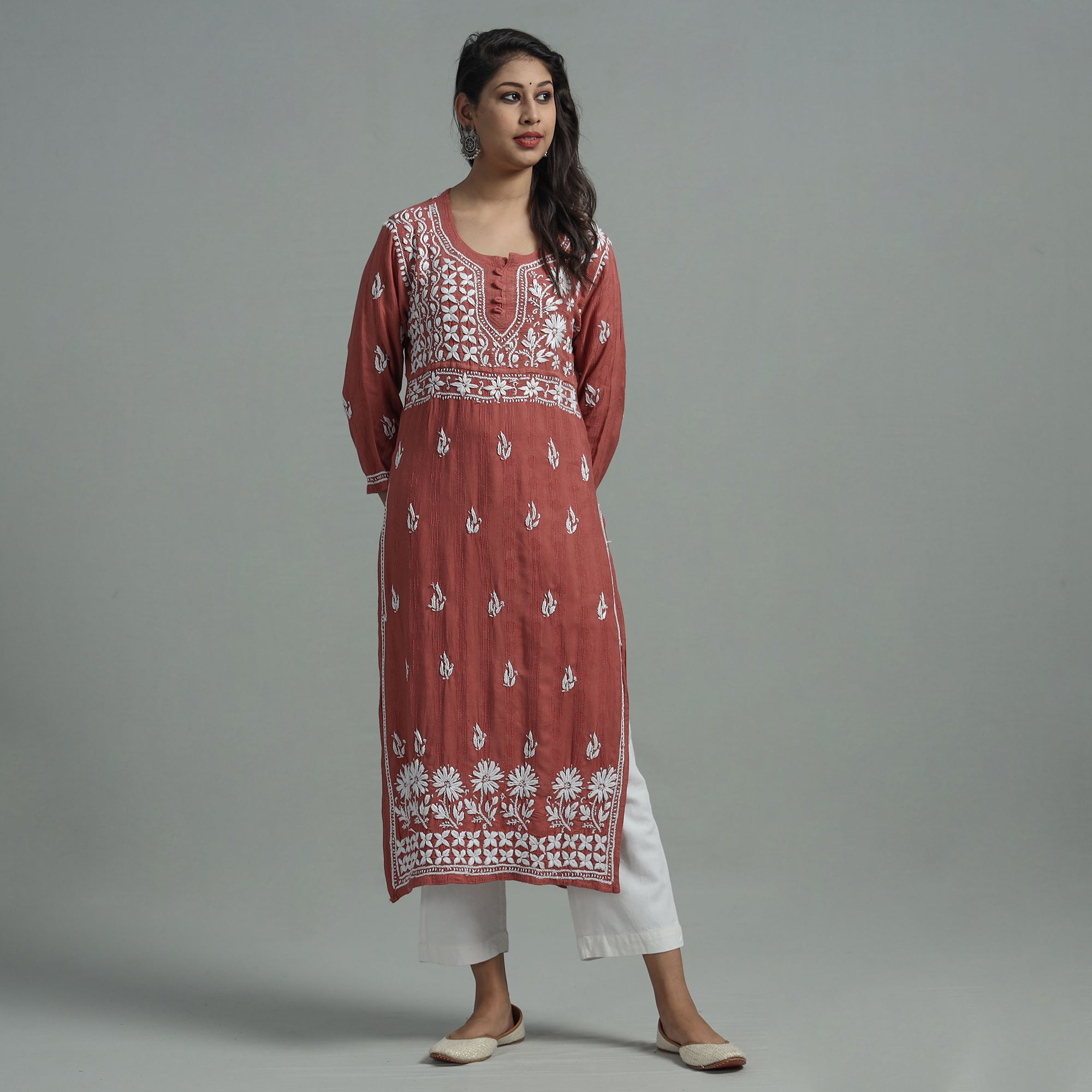 MEHARKI CHIKAN Brown - Chikankari Hand Embroidered Cotton Long Kurta - view 2