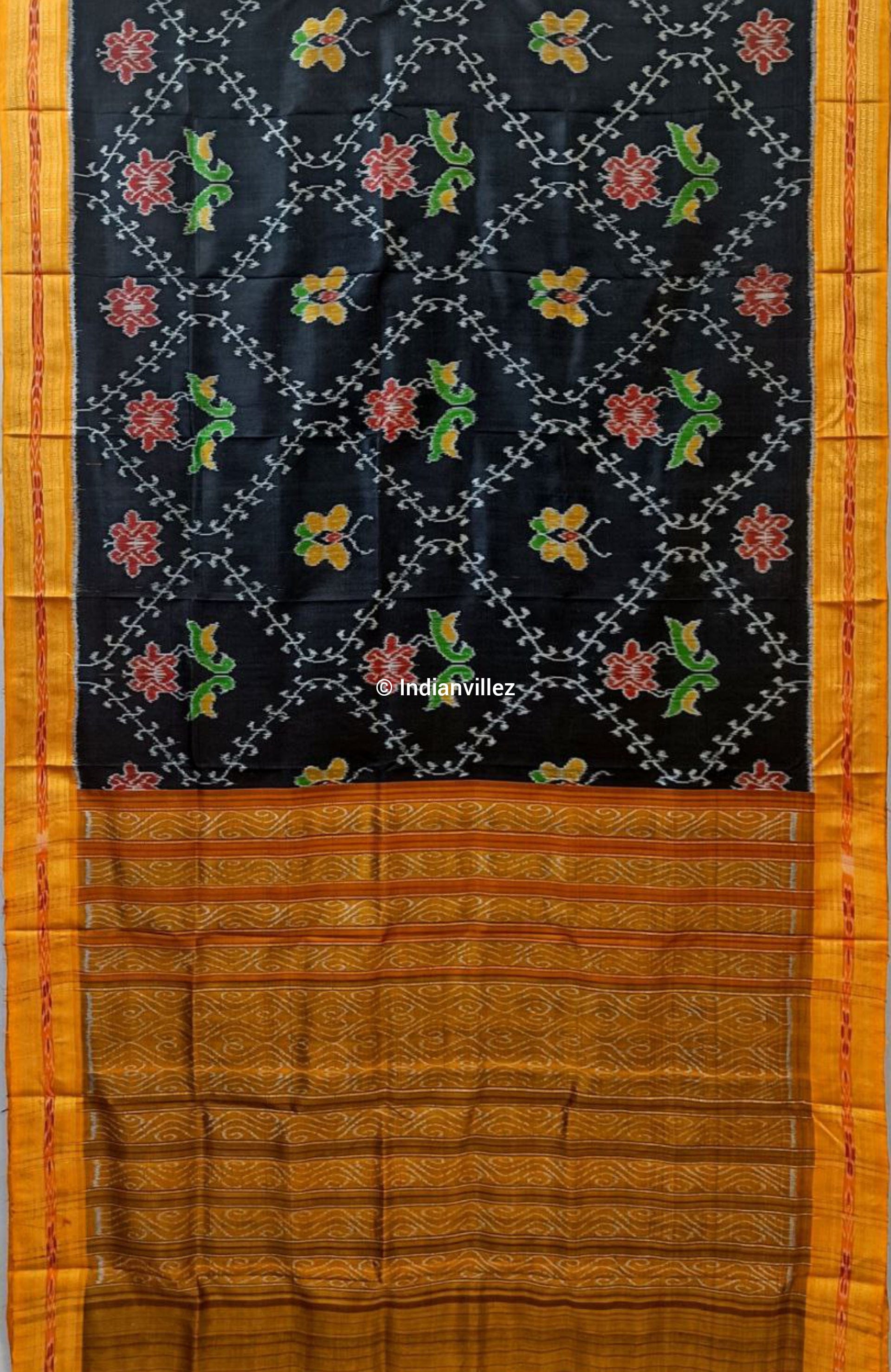 IndianVillèz Black Lotus Bird and Butterfly Odisha Handloom Khandua Silk Saree