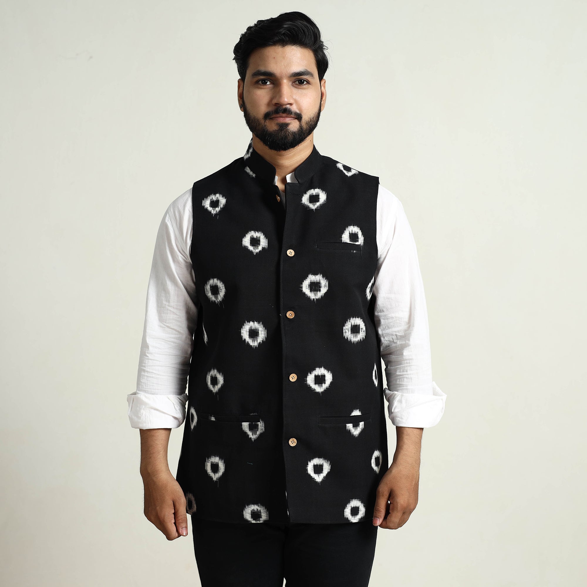 ITOKRI CASUALS Black - Pochampally Double Ikat Handloom Cotton Men Nehru Jacket 07 - view 4