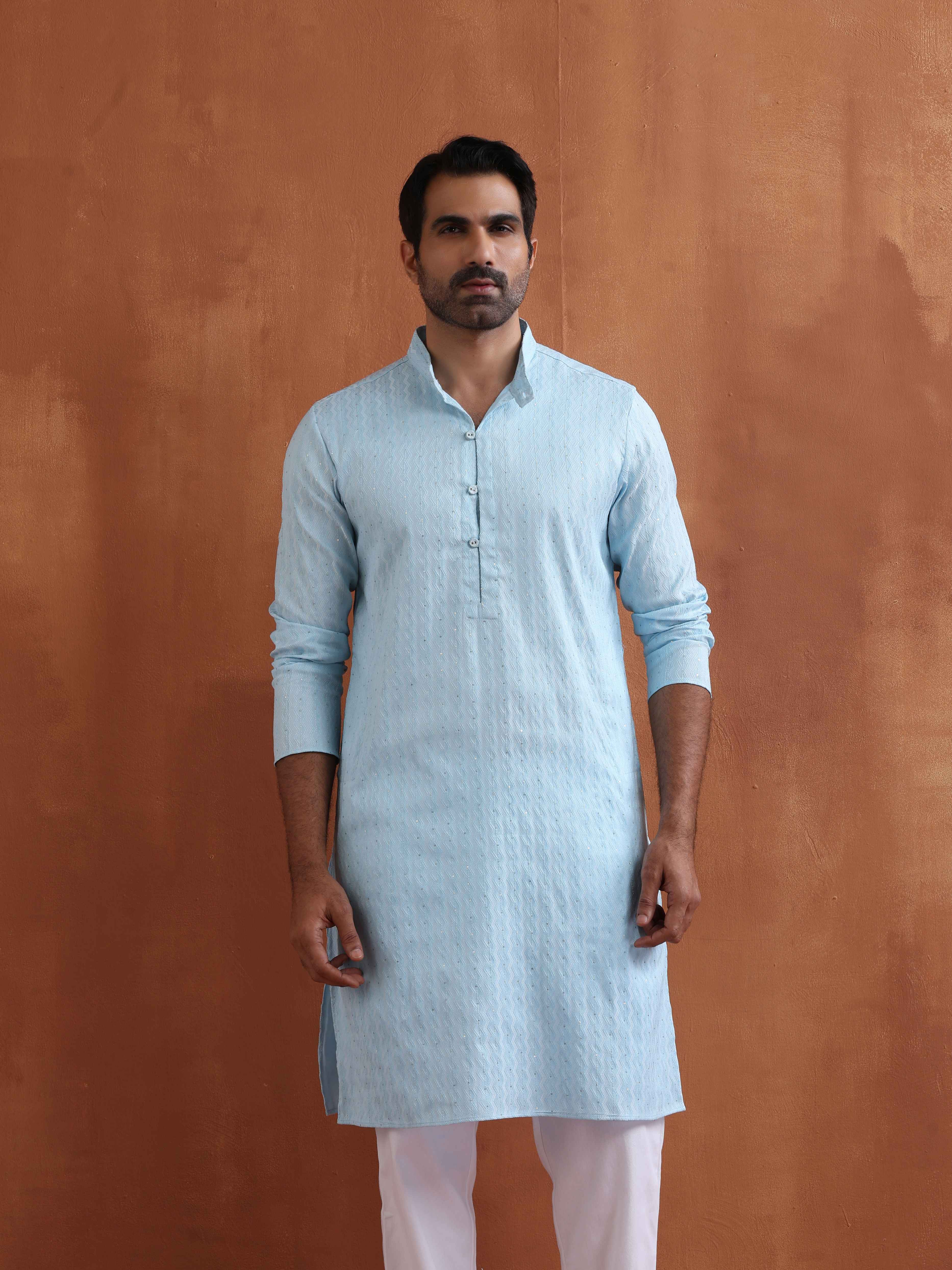 trueBrowns Men's Blue Sequin Chanderi Kurta - view 4