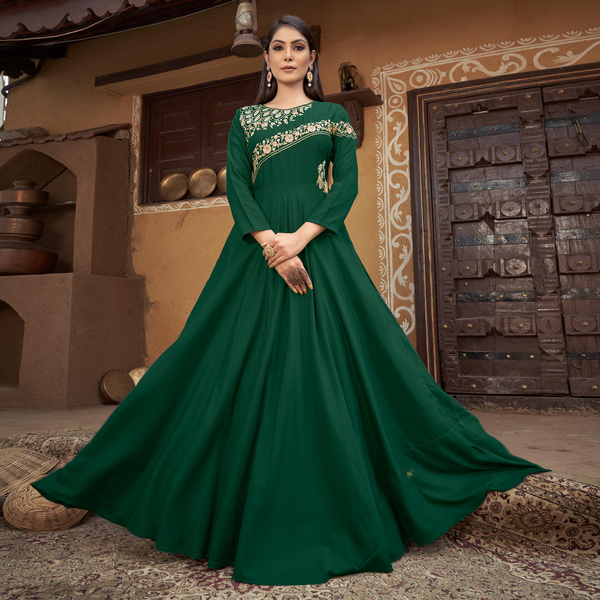 Peachmode Seller Bottle Green Floral Embroidered Muslin Gown