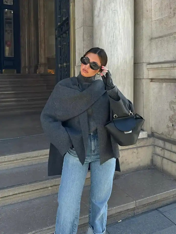 Alamode By Akanksha Essie Vintage Woolen Short Coat in Grey with Scarf