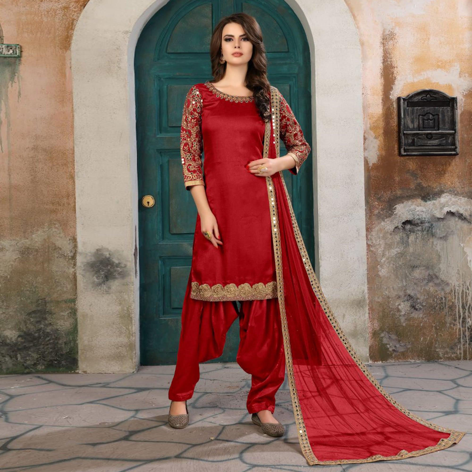 Peachmode Desiring Red Colored Partywear Embroidered Art Silk Salwar Suit
