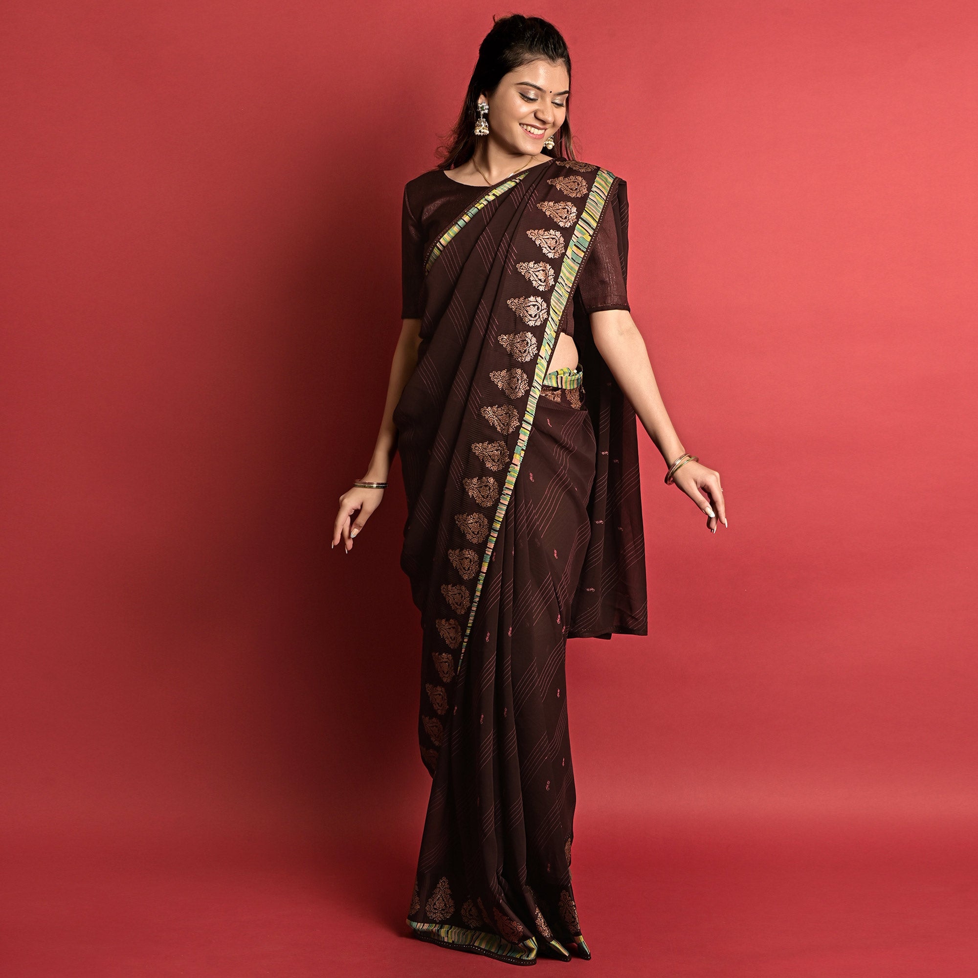 Peachmode Coffee Brown Printed Georgette Saree - view 2