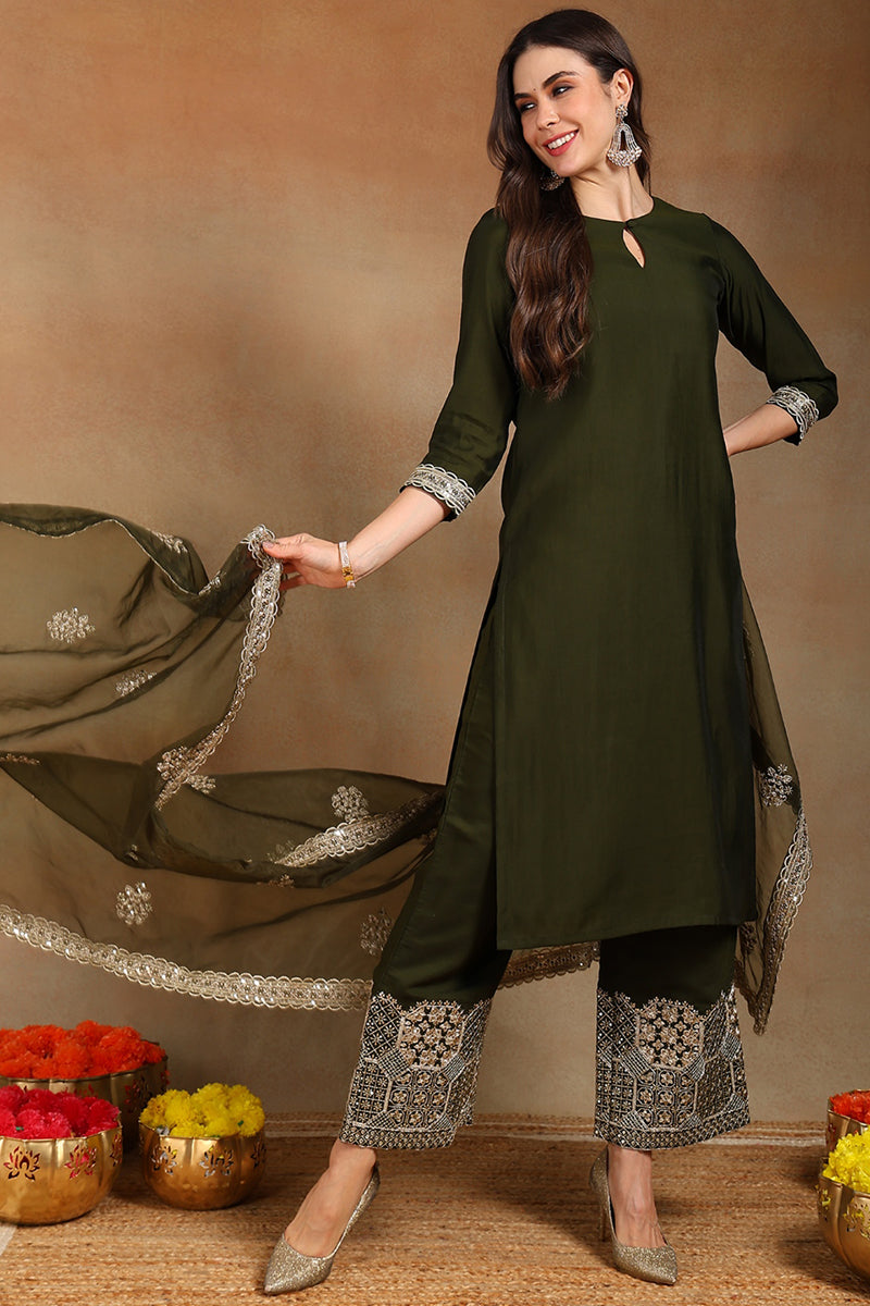Ahika Olive Green Silk Blend Solid Straight Suit Set PKSKD2744 - view 7